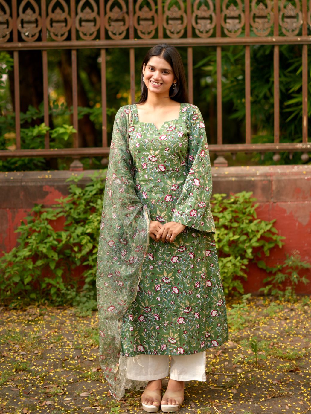 Emerald Blossom Cotton Kurta Set