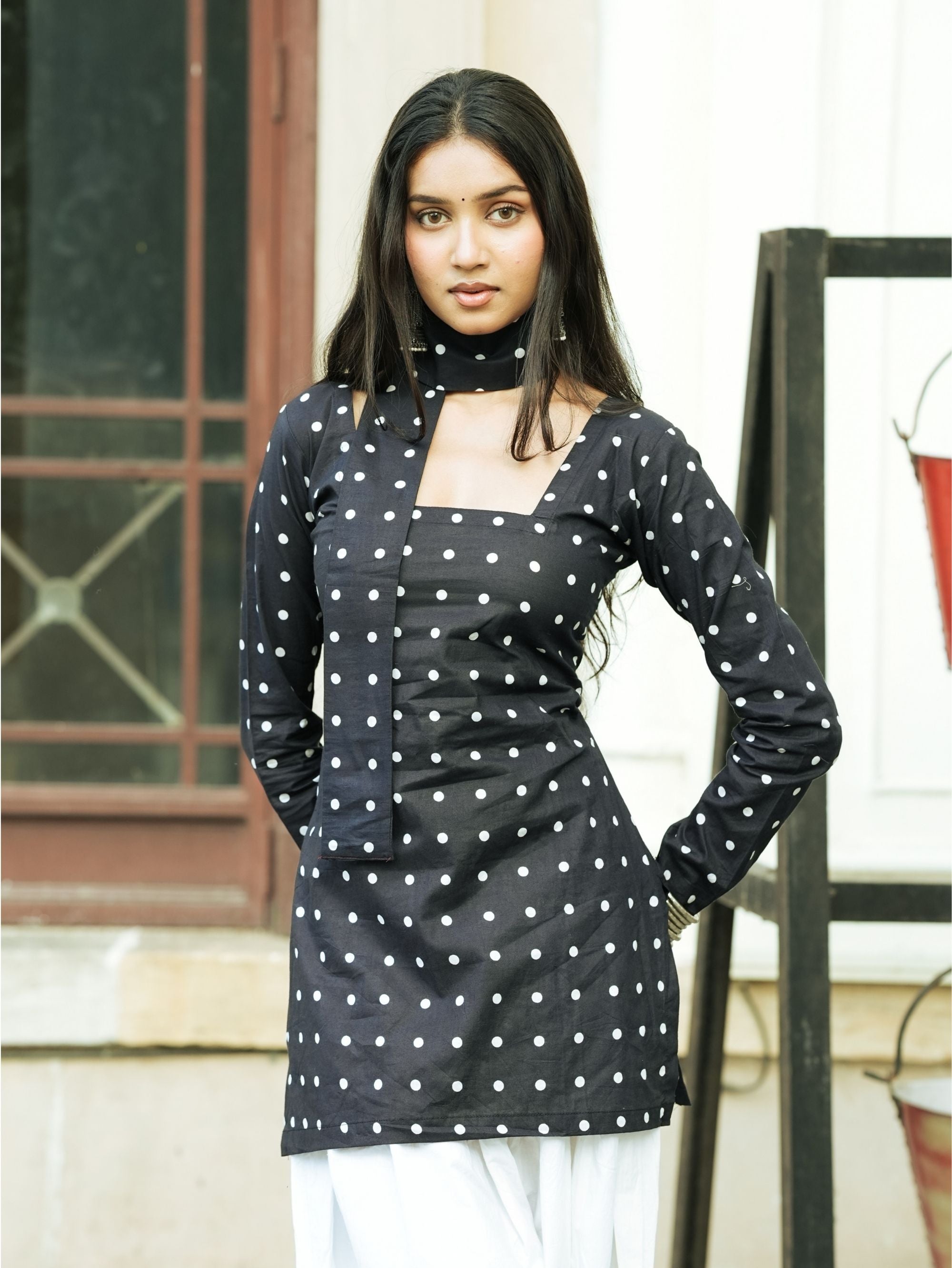 Bebo Black Polka Dot Short Kurti with Scarf Detail