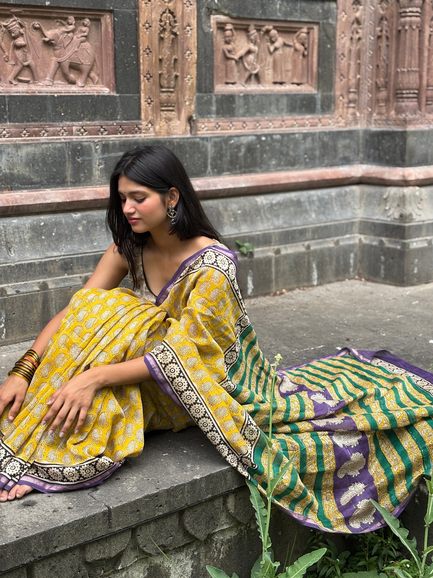 Yellow green chanderi handblock saree