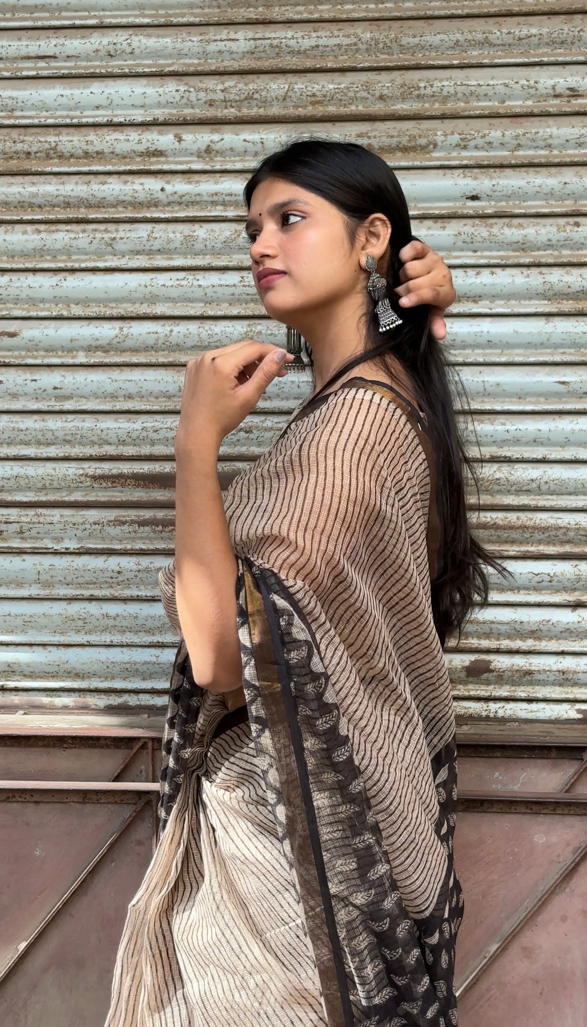 Beige and Black Kota Doriya Handblock Saree