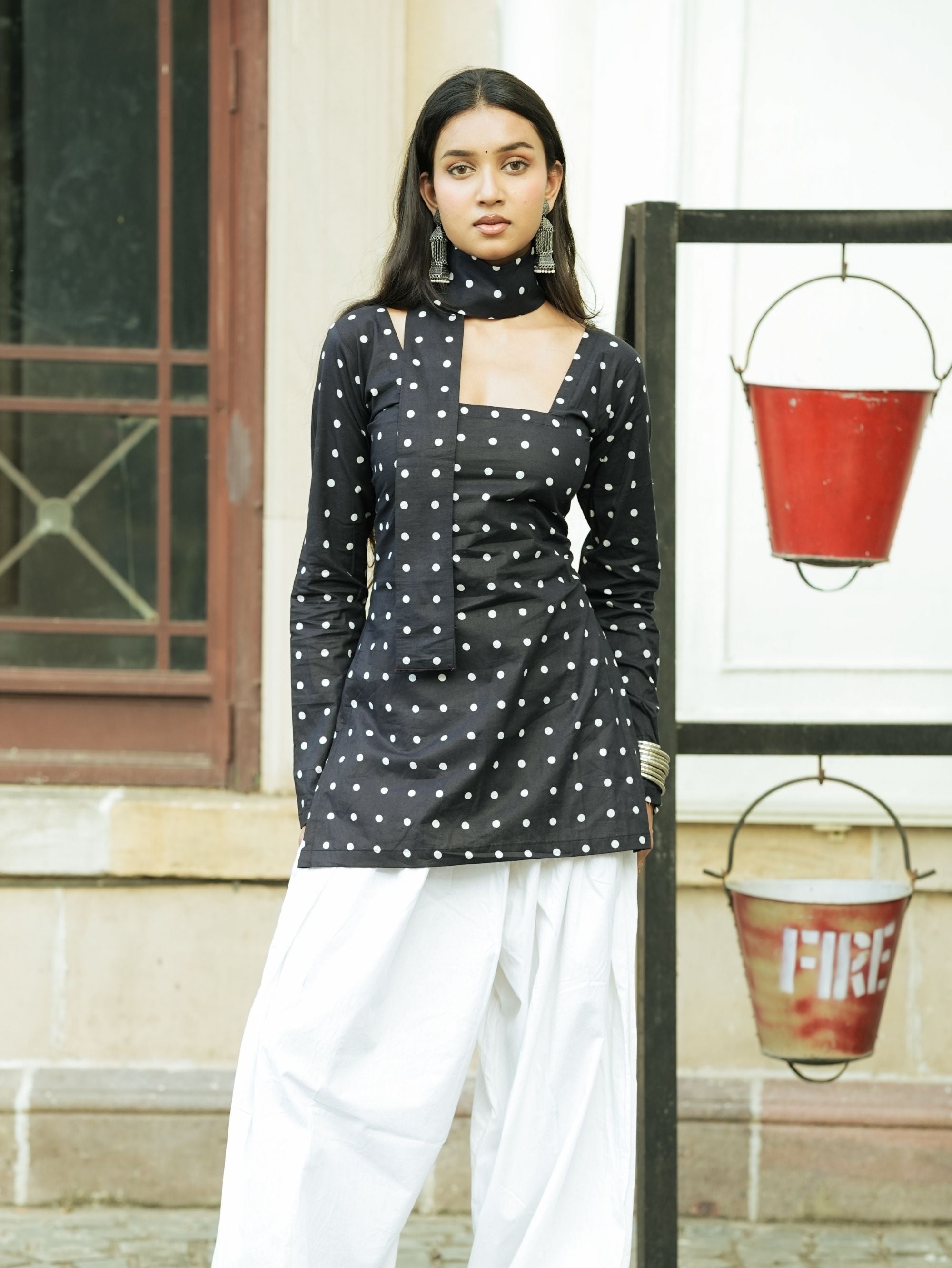 Bebo Black Polka Dot Short Kurti with Scarf Detail
