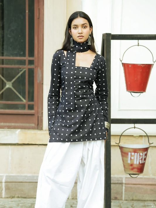 Bebo Black Polka Dot Short Kurti with Scarf Detail