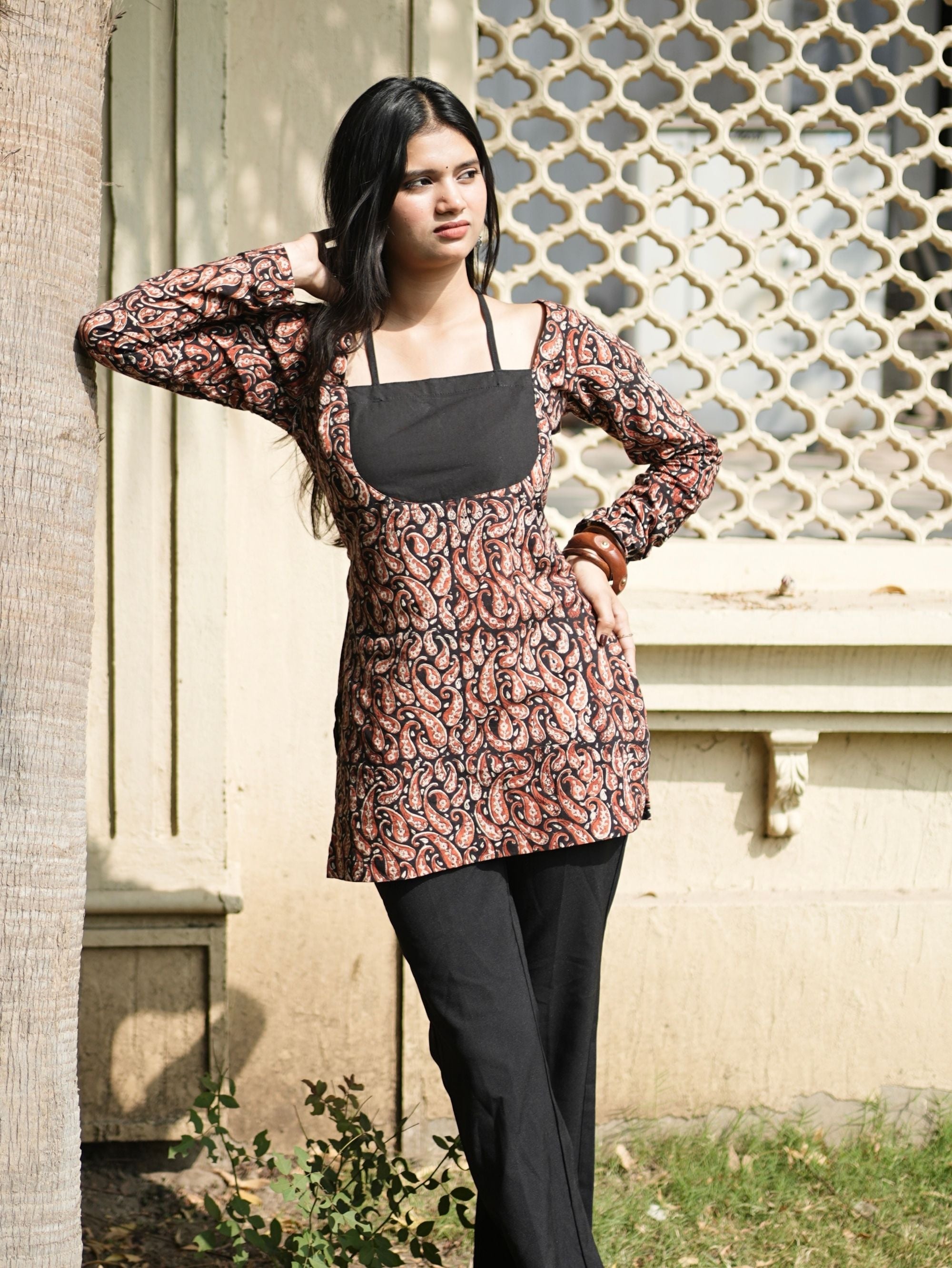 Zaalima Black Cotton Halter Neck Short Kurti with Dori Detail