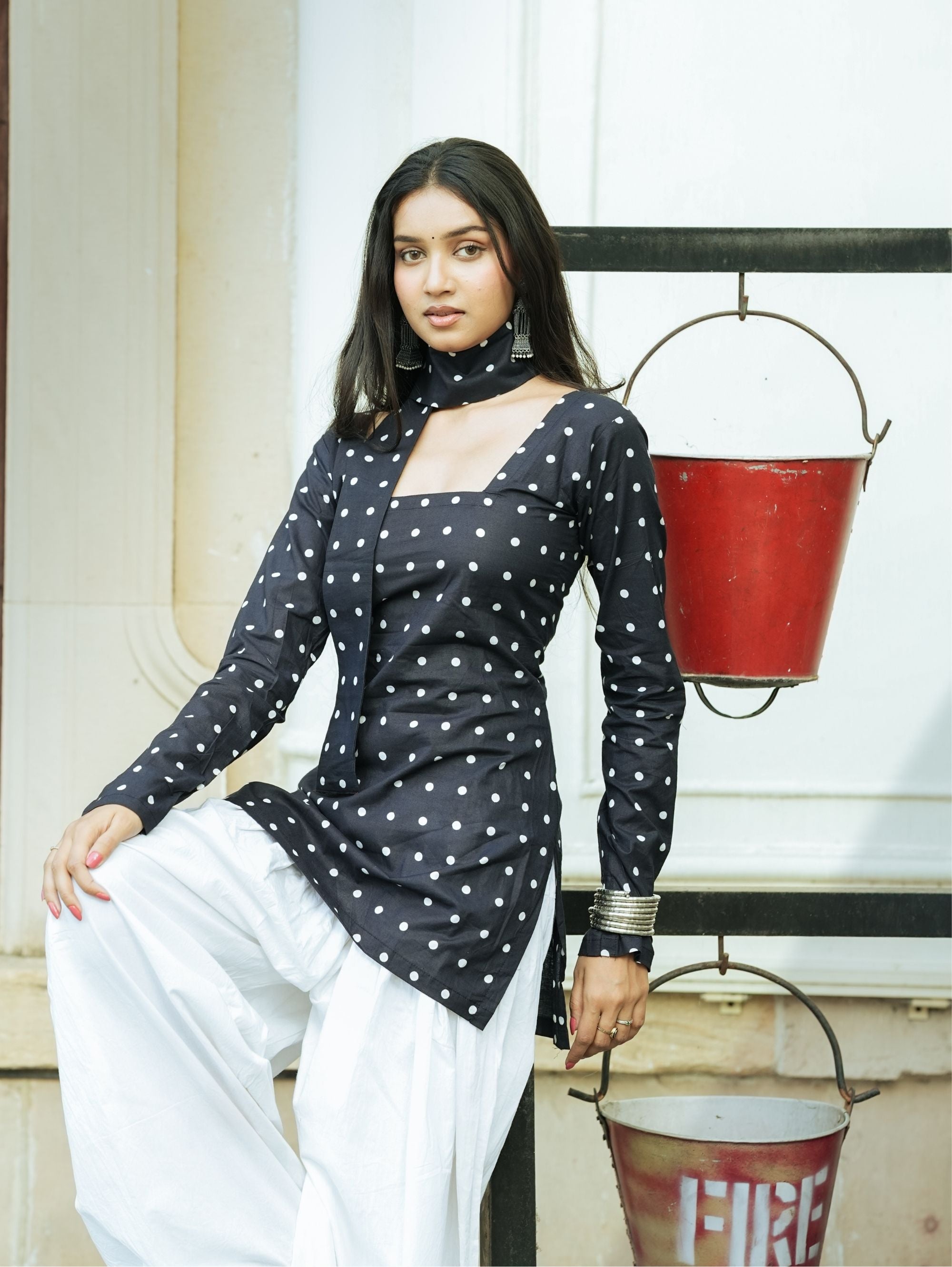 Bebo Black Polka Dot Short Kurti with Scarf Detail