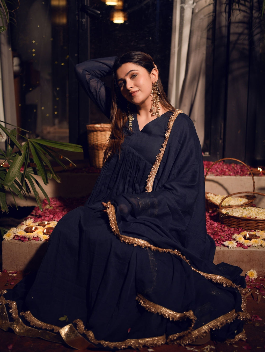 Mishti Navy Blue Three Piece Alia Cut Anarkali Set
