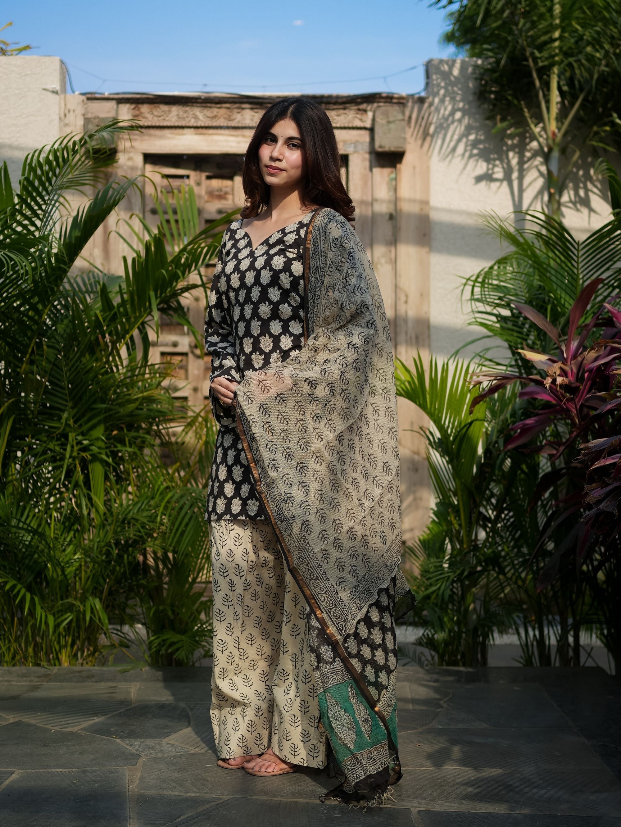 Jasmin Black Cotton Kurta Set with Farshi Salwar and Kota Doriya Dupatta