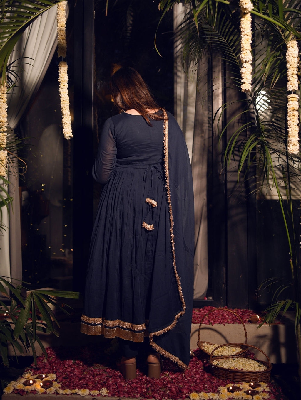 Mishti Navy Blue Three Piece Alia Cut Anarkali Set