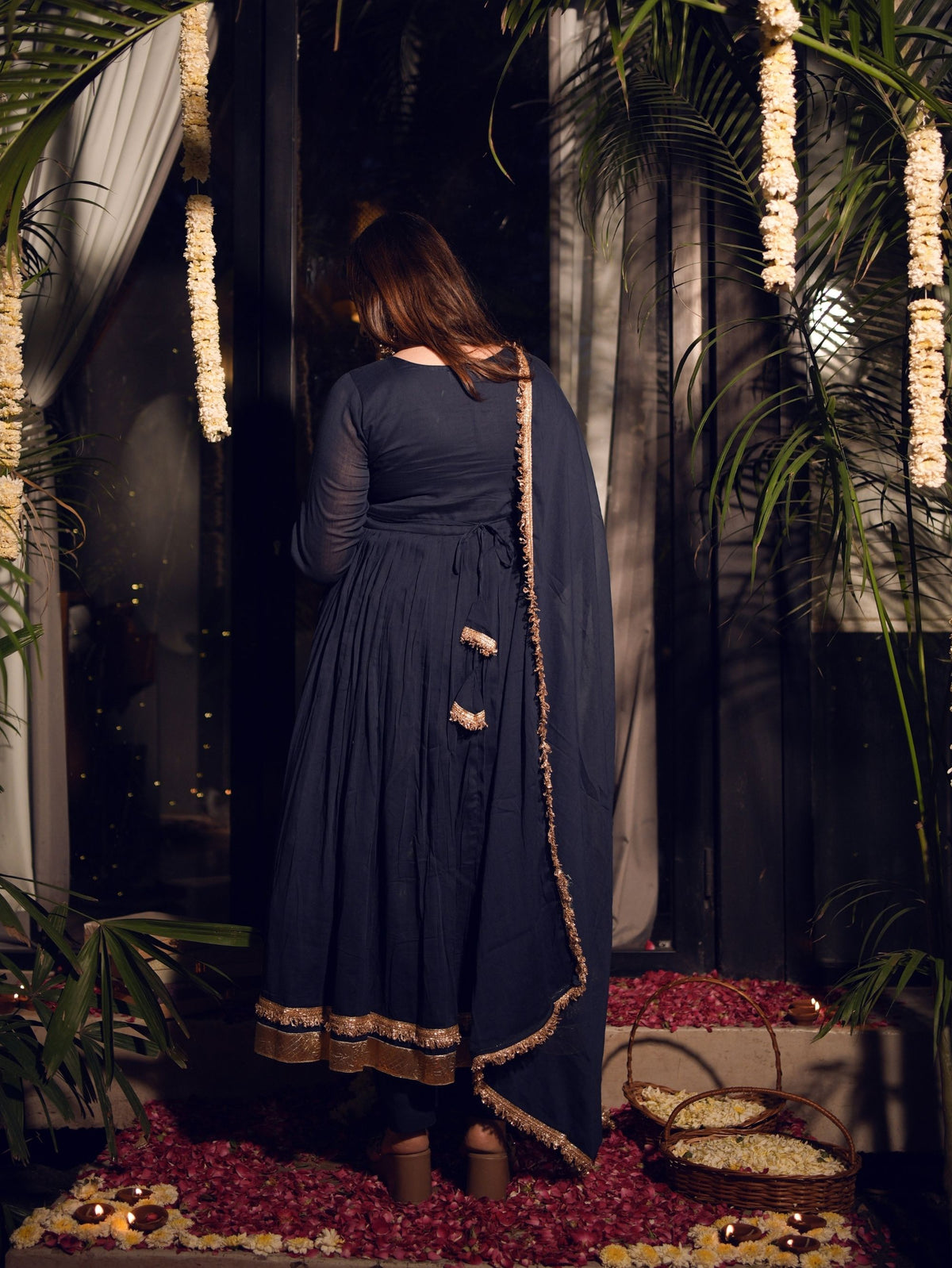 Mishti Navy Blue Three Piece Alia Cut Anarkali Set