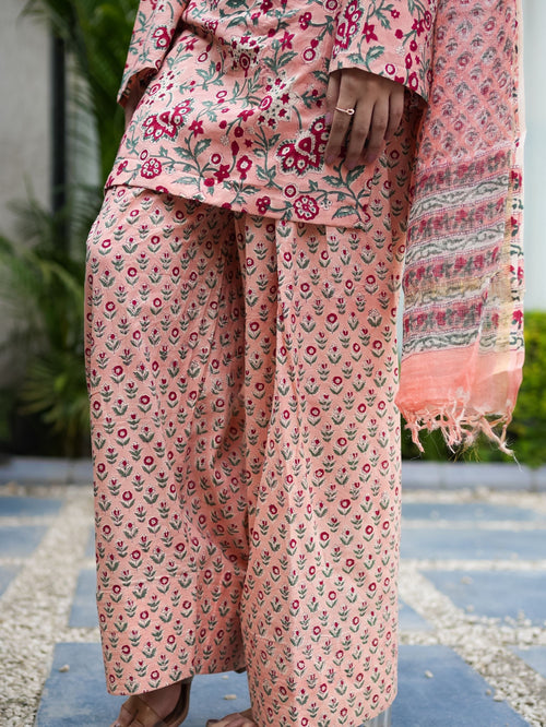 Peach Love Pink Cotton Kurta Set with Farshi Salwar and Kota Doriya Dupatta