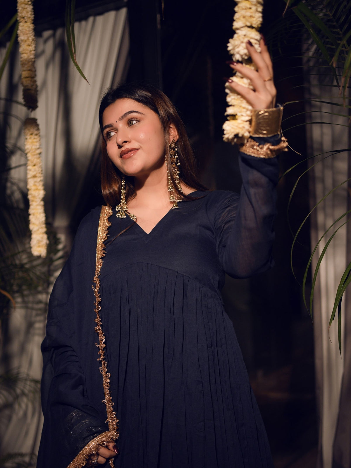 Mishti Navy Blue Three Piece Alia Cut Anarkali Set