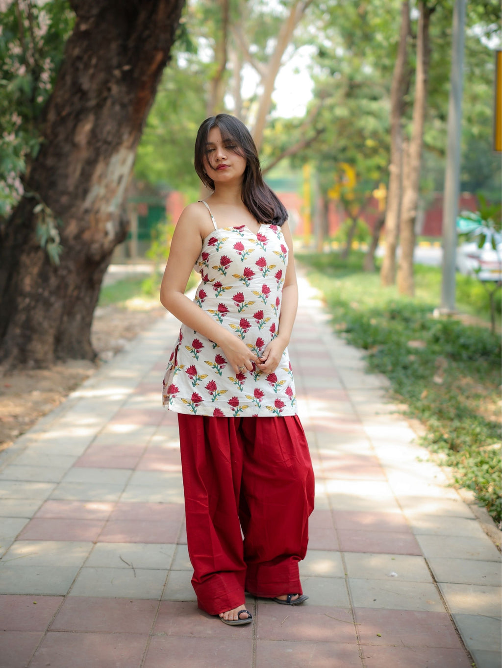 Flora Rahi White & Red Farshi Salwar Set with Handblock Kurta