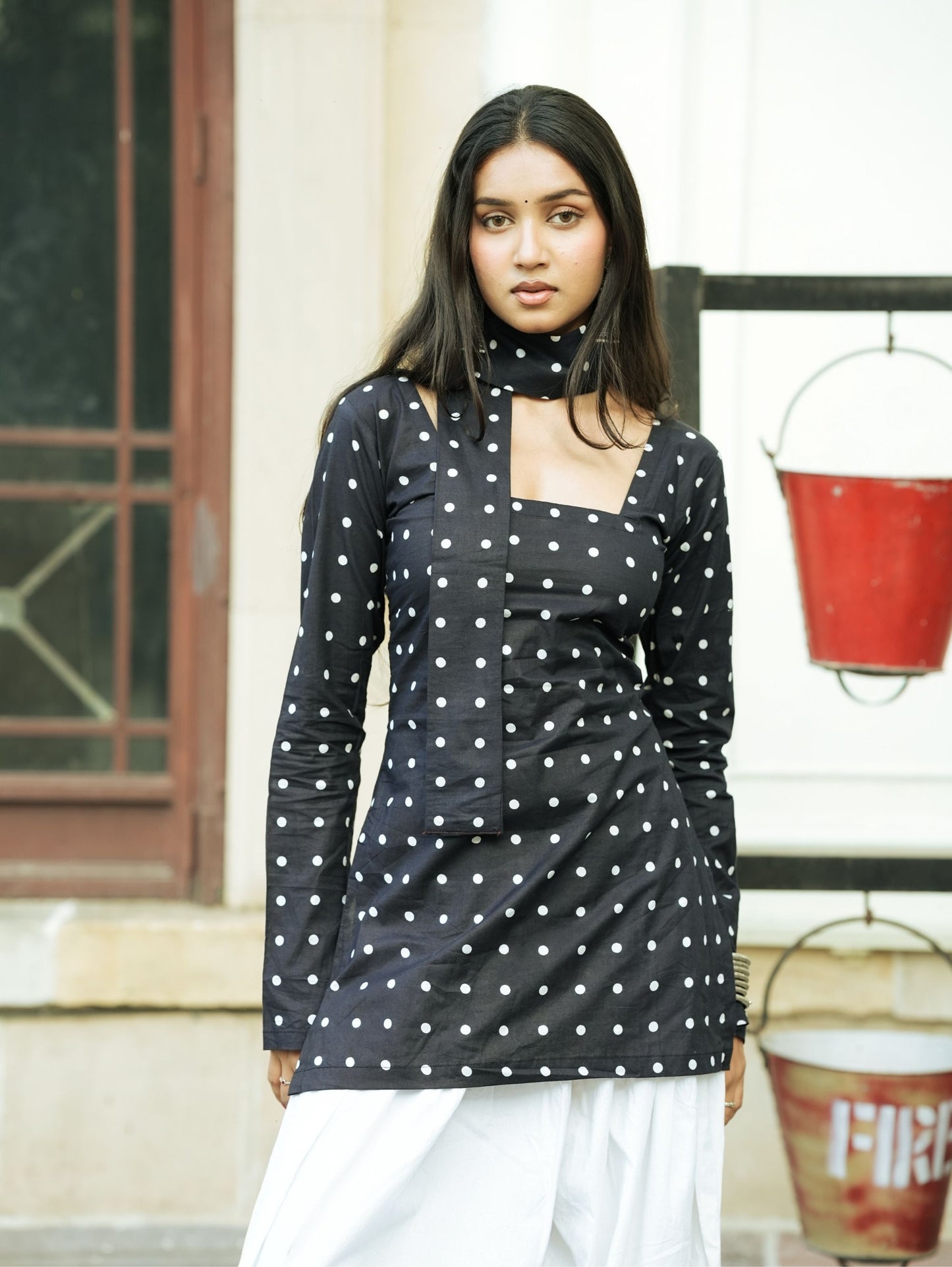 Bebo Black Polka Dot Short Kurti with Scarf Detail