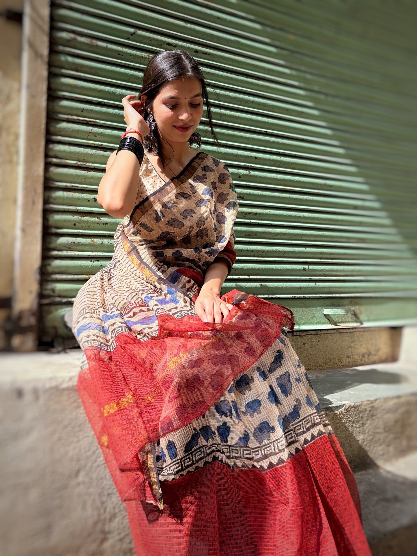 Gerua and Beige Kota Doriya Handblock Saree