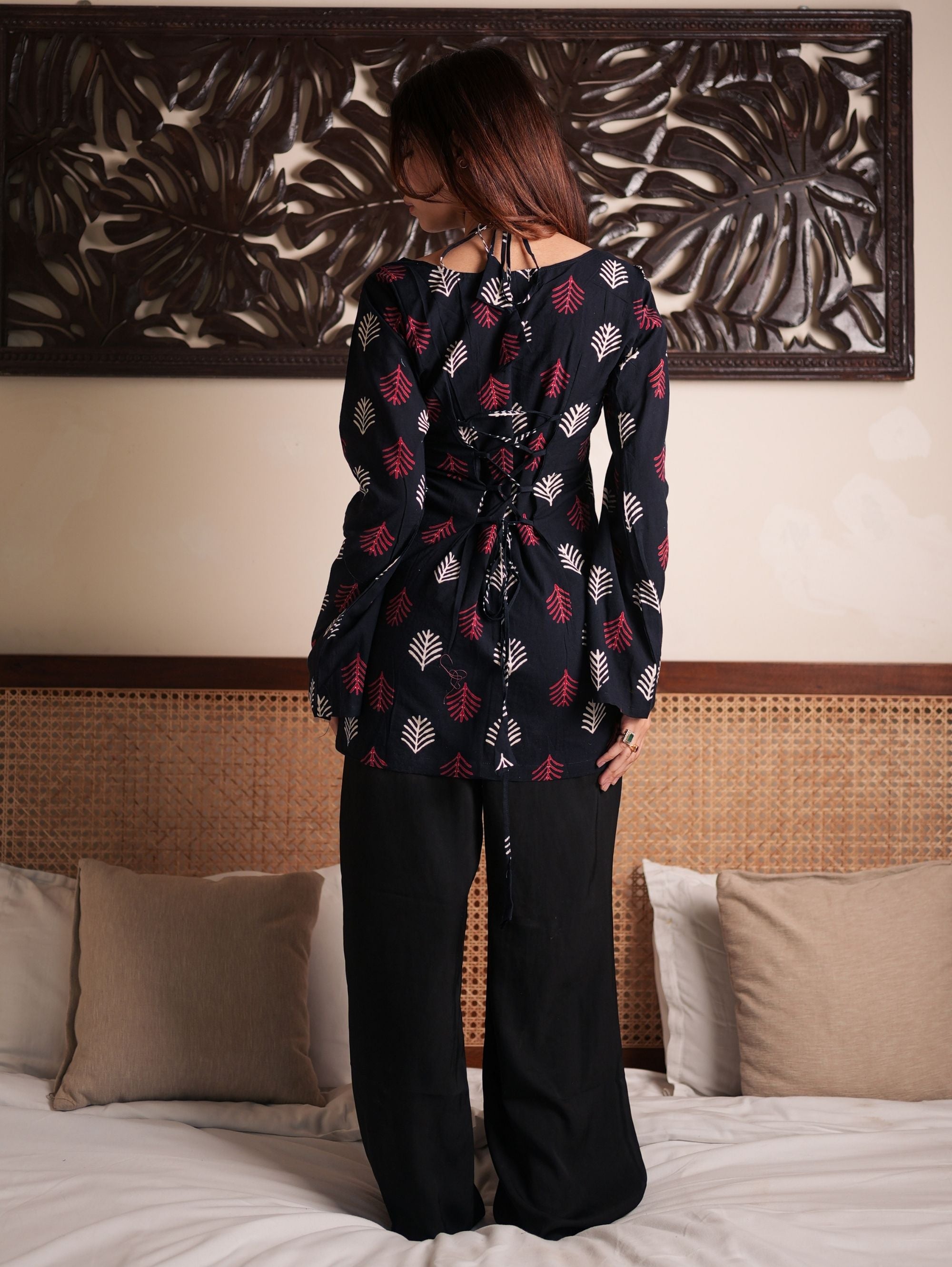 Moonlight Black Cotton Short Kurti with Handblock Print
