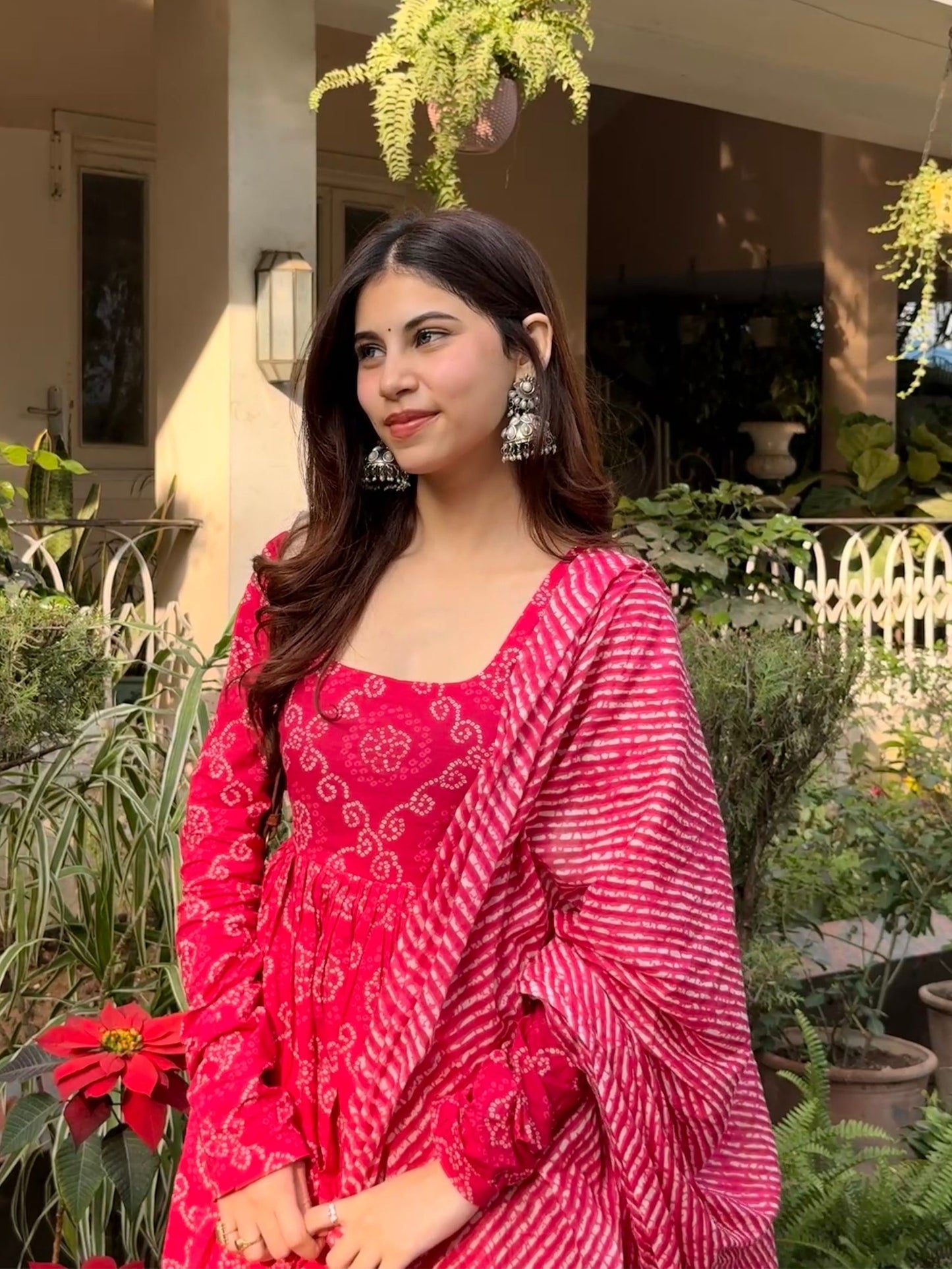 Pink Bandhej Cotton Anarkali 3 Piece Suit Set with Dupatta