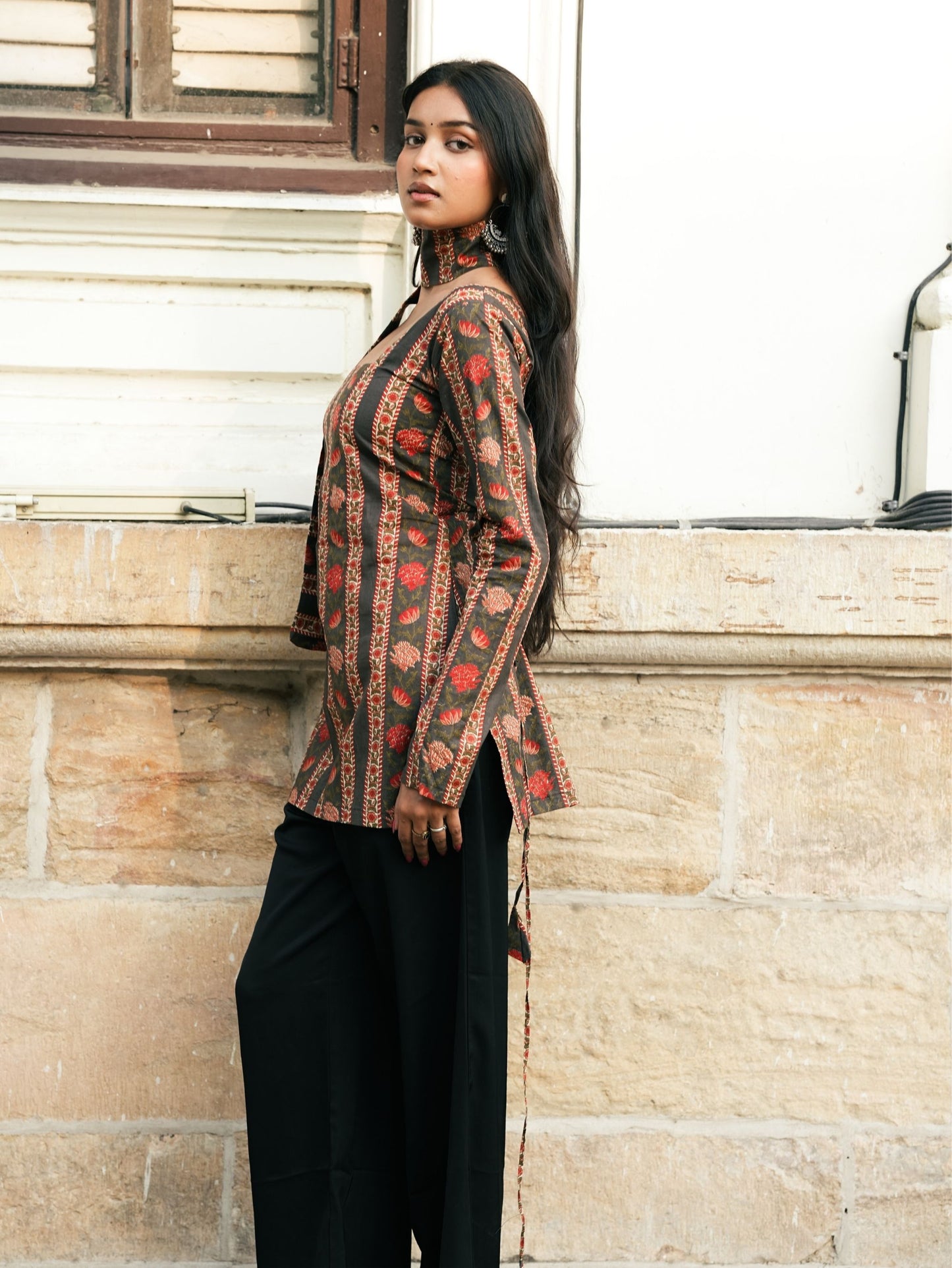 Simran Black Printed Short Kurti with Scarf Detail