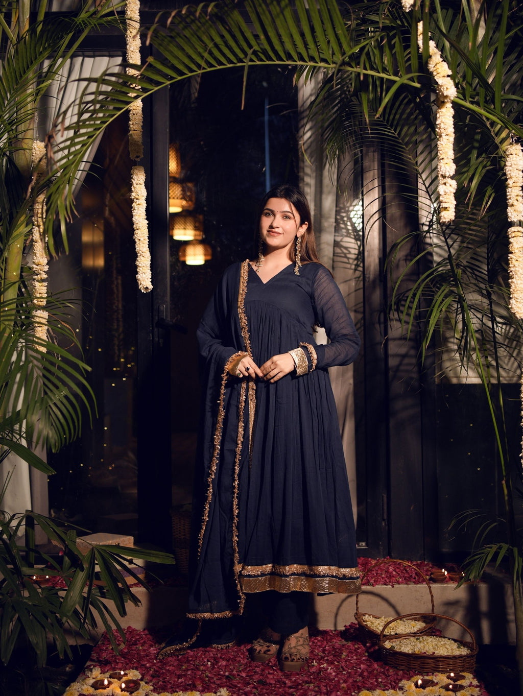 Mishti Navy Blue Three Piece Alia Cut Anarkali Set