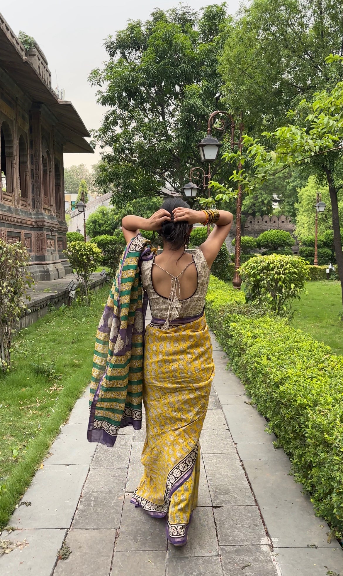 Yellow green chanderi handblock saree