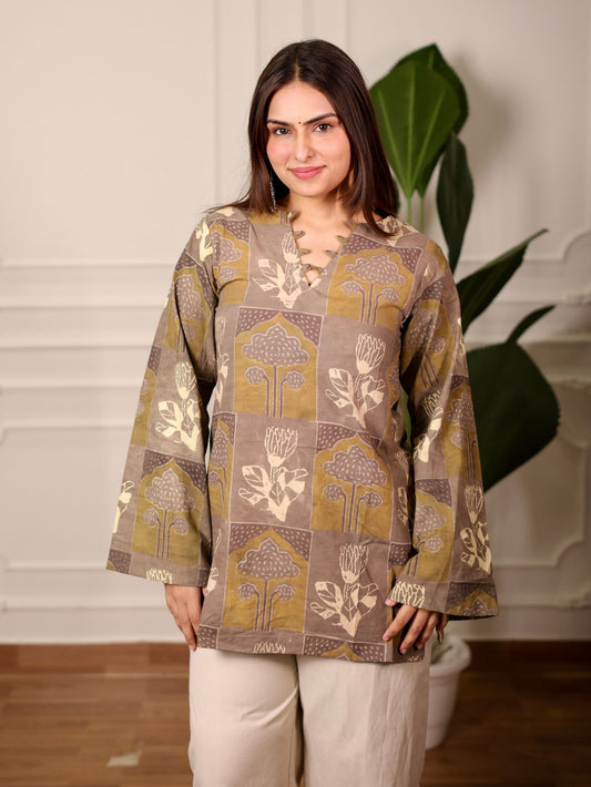 Aalam Beige Ajrakh Print Cotton Short Kurti