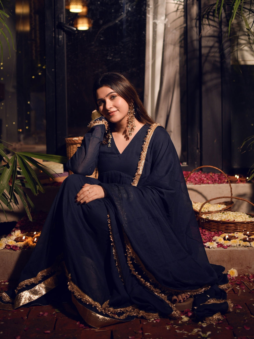 Mishti Navy Blue Three Piece Alia Cut Anarkali Set