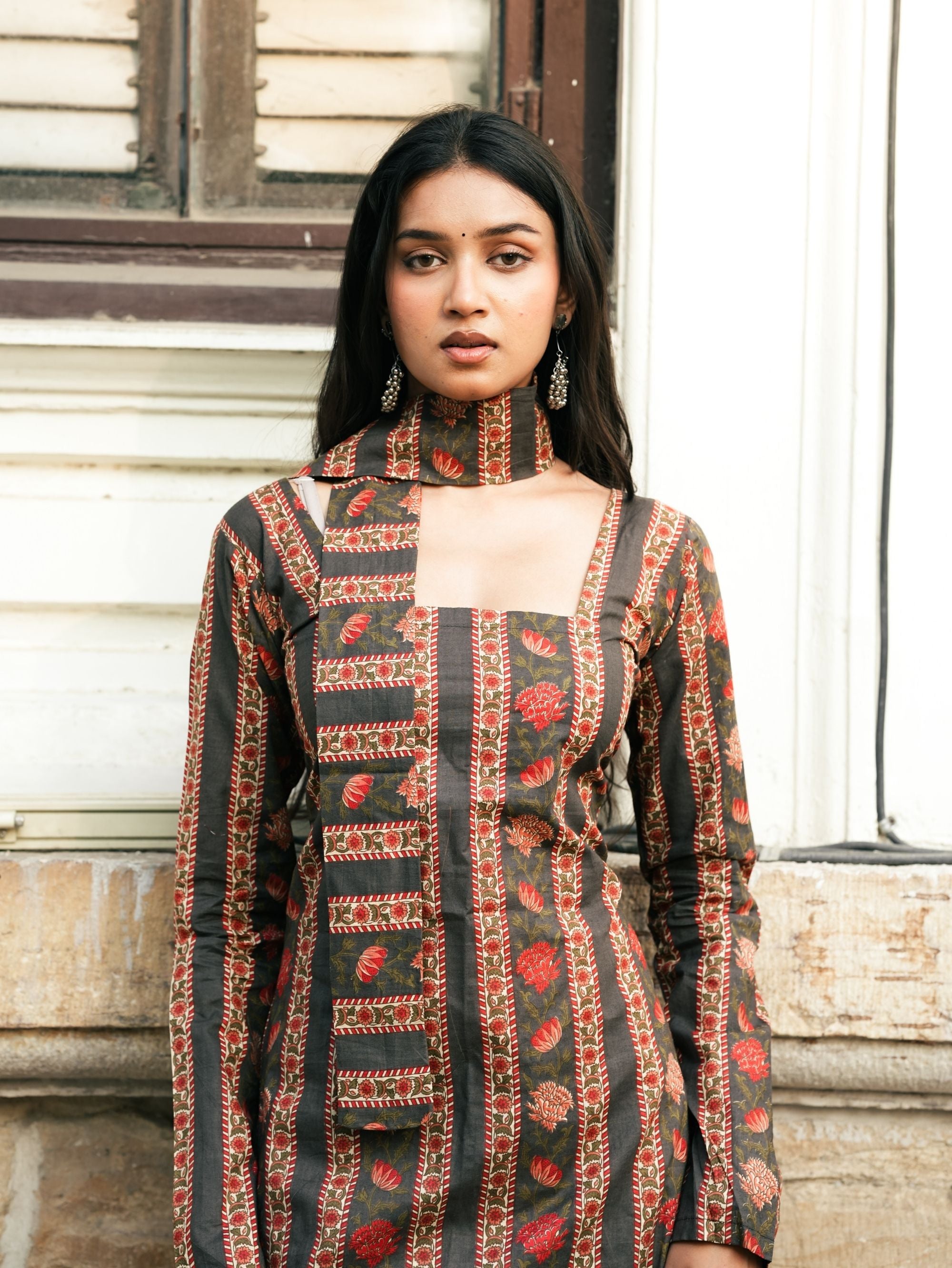 Simran Black Printed Short Kurti with Scarf Detail