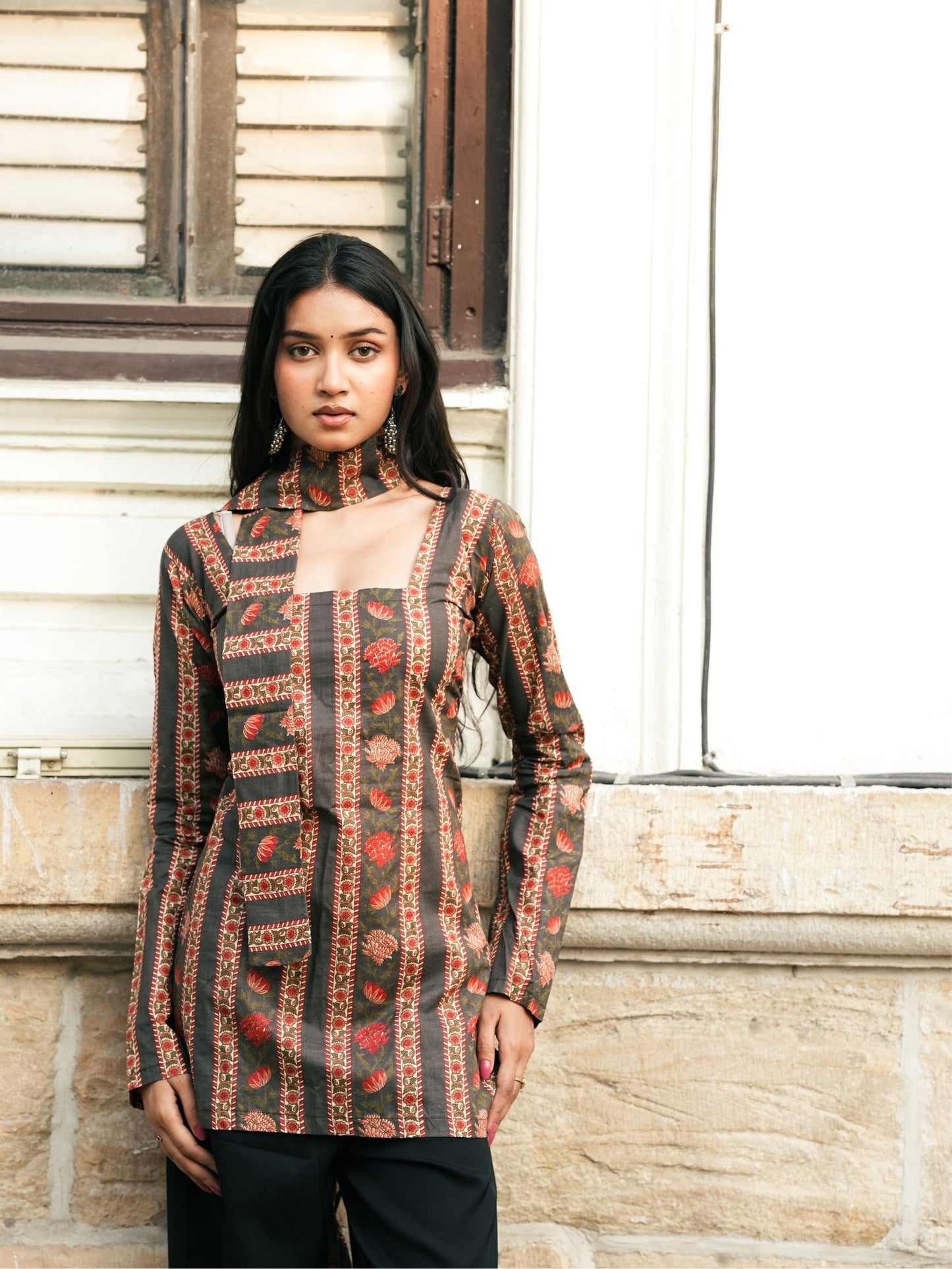 Simran Black Printed Short Kurti with Scarf Detail