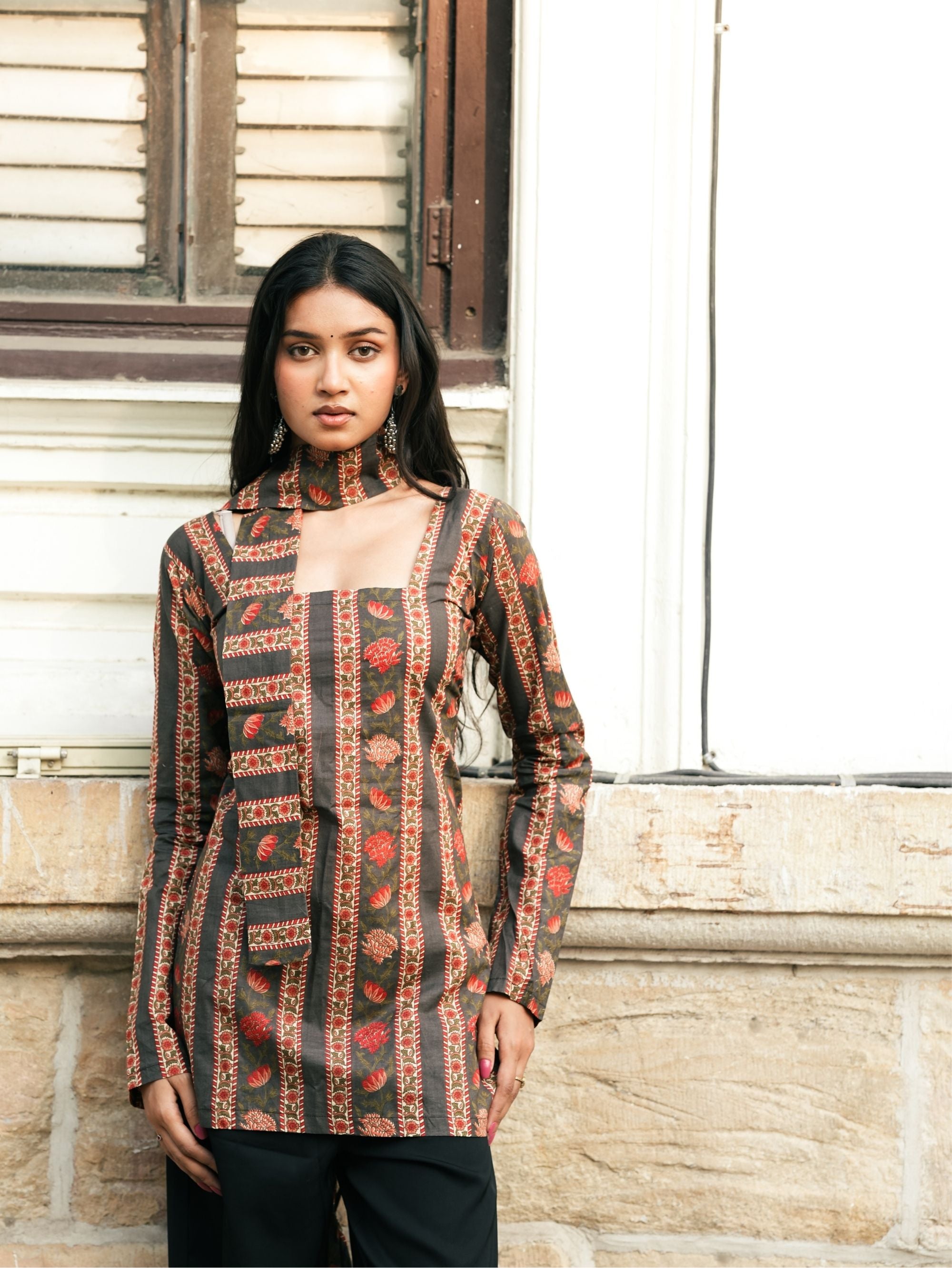 Simran Black Printed Short Kurti with Scarf Detail