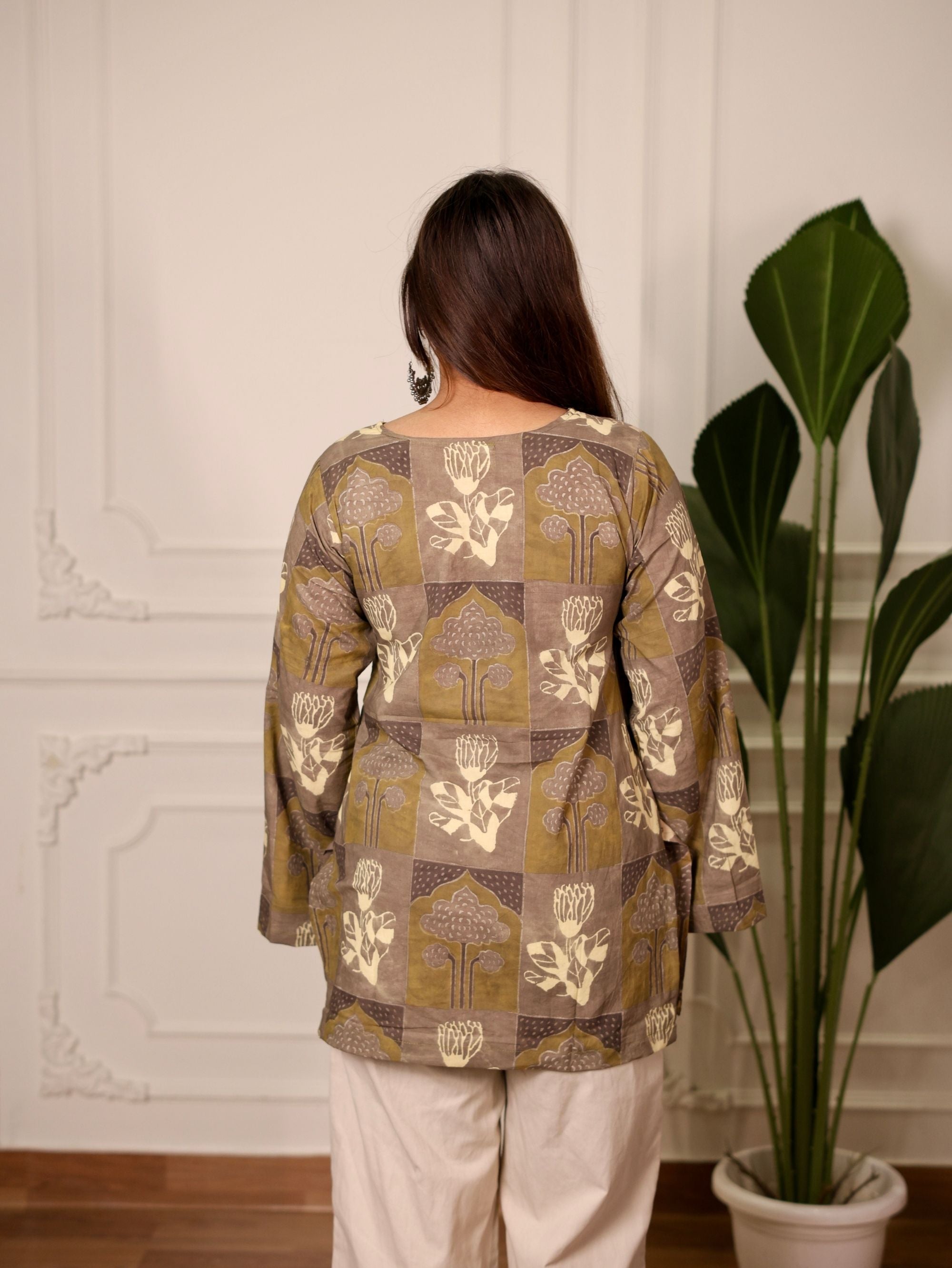 Aalam Beige Ajrakh Print Cotton Short Kurti