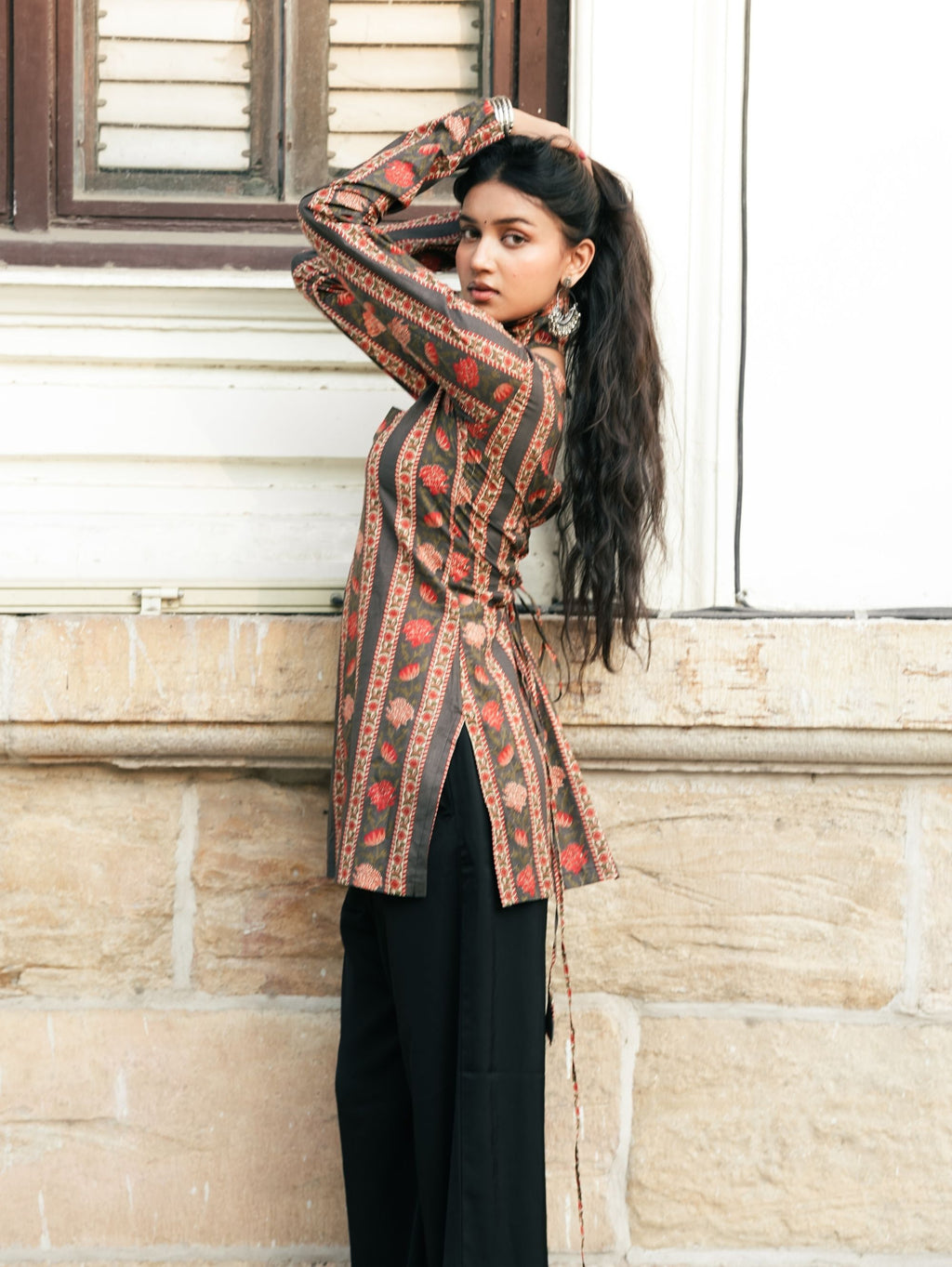 Simran Black Printed Short Kurti with Scarf Detail