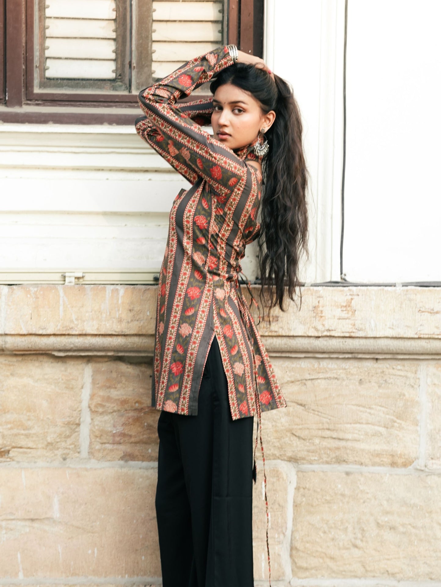 Simran Black Printed Short Kurti with Scarf Detail