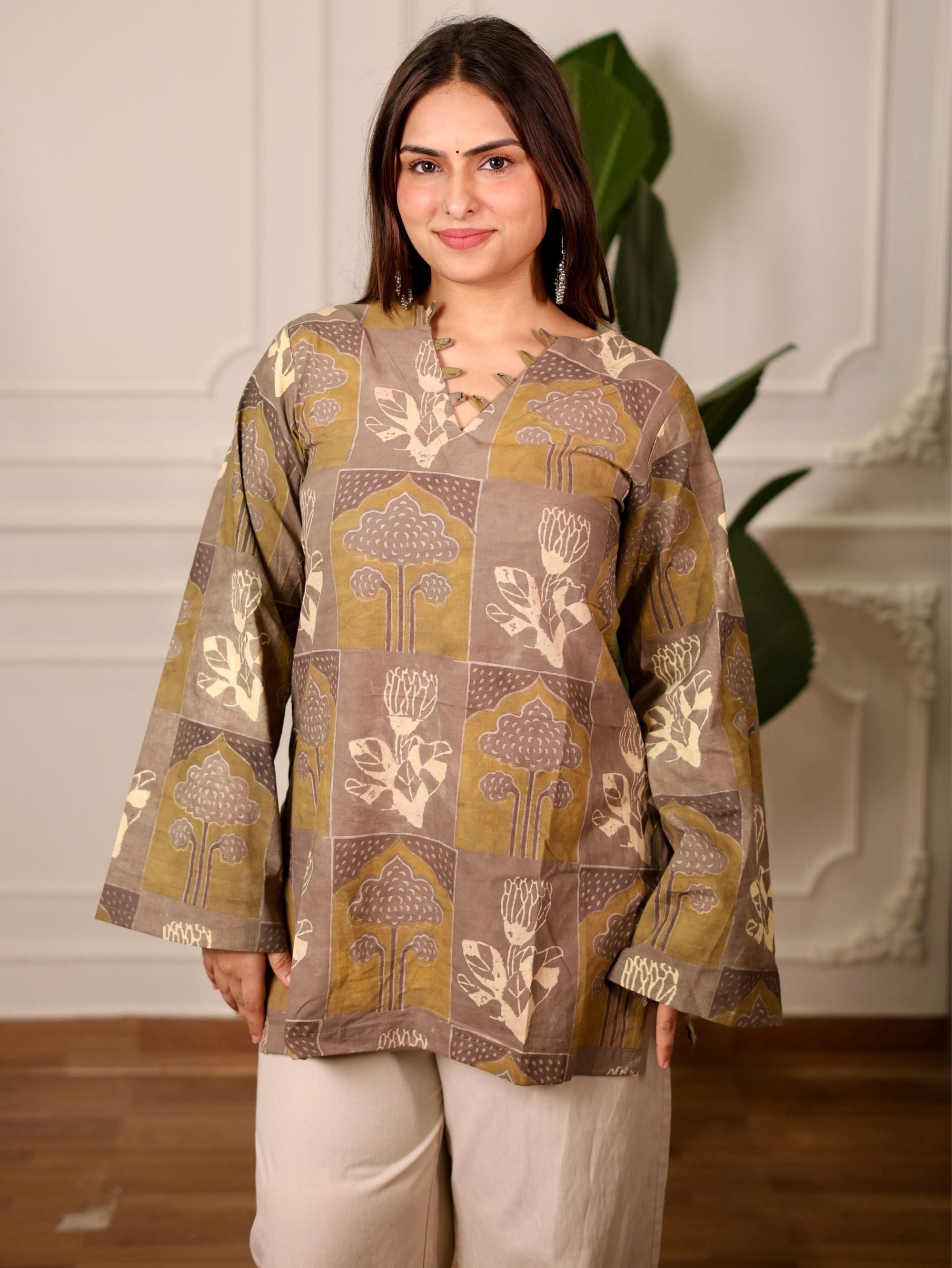 Aalam Beige Ajrakh Print Cotton Short Kurti