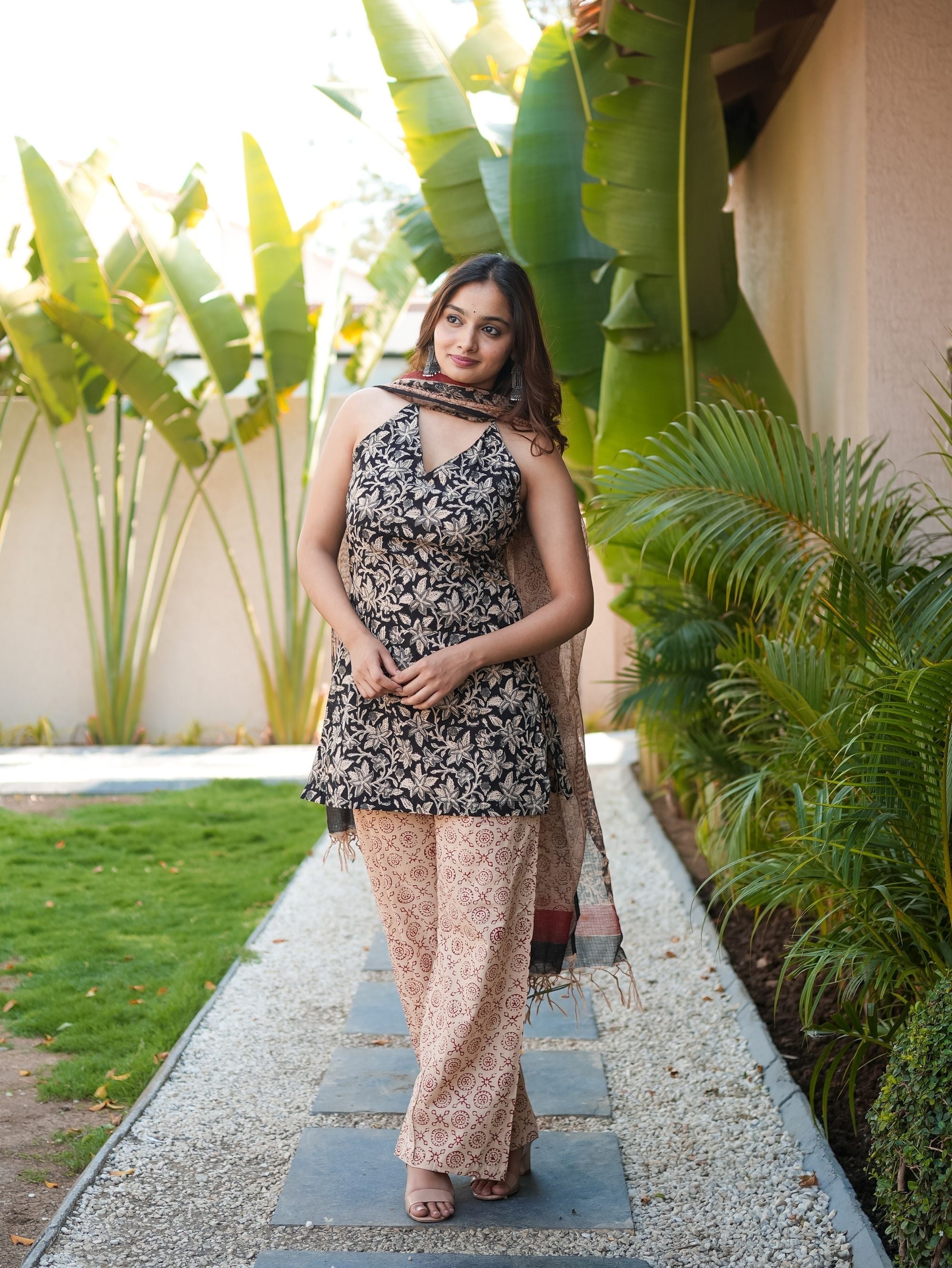 Dark Lily Black Cotton Halter Kurta Set with Palazzo and Dupatta