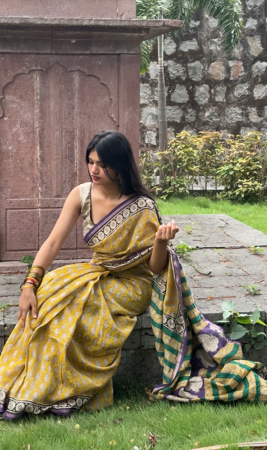 Yellow green chanderi handblock saree