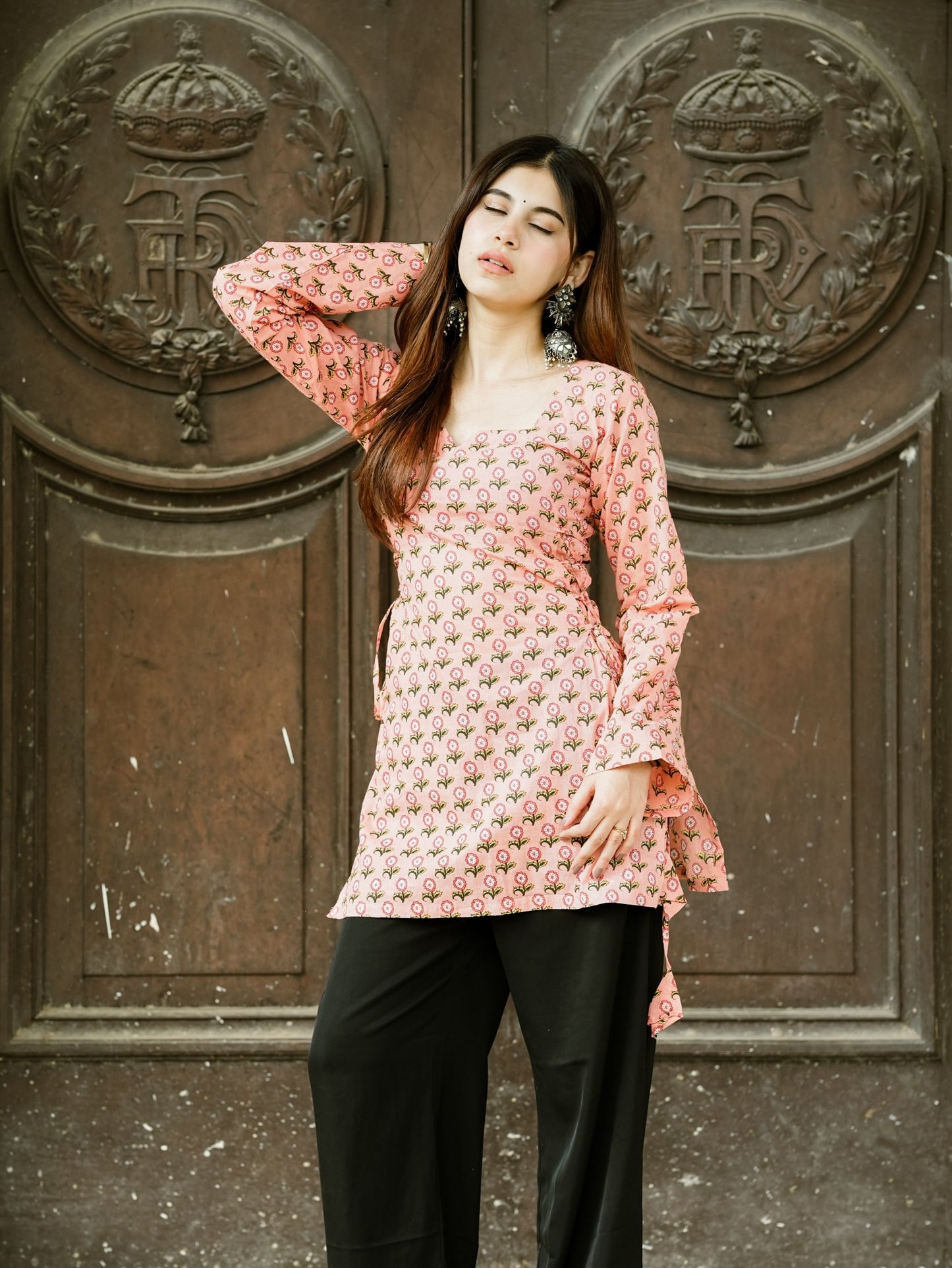 Sitara Pink Printed Short Kurti with Sweetheart Neck