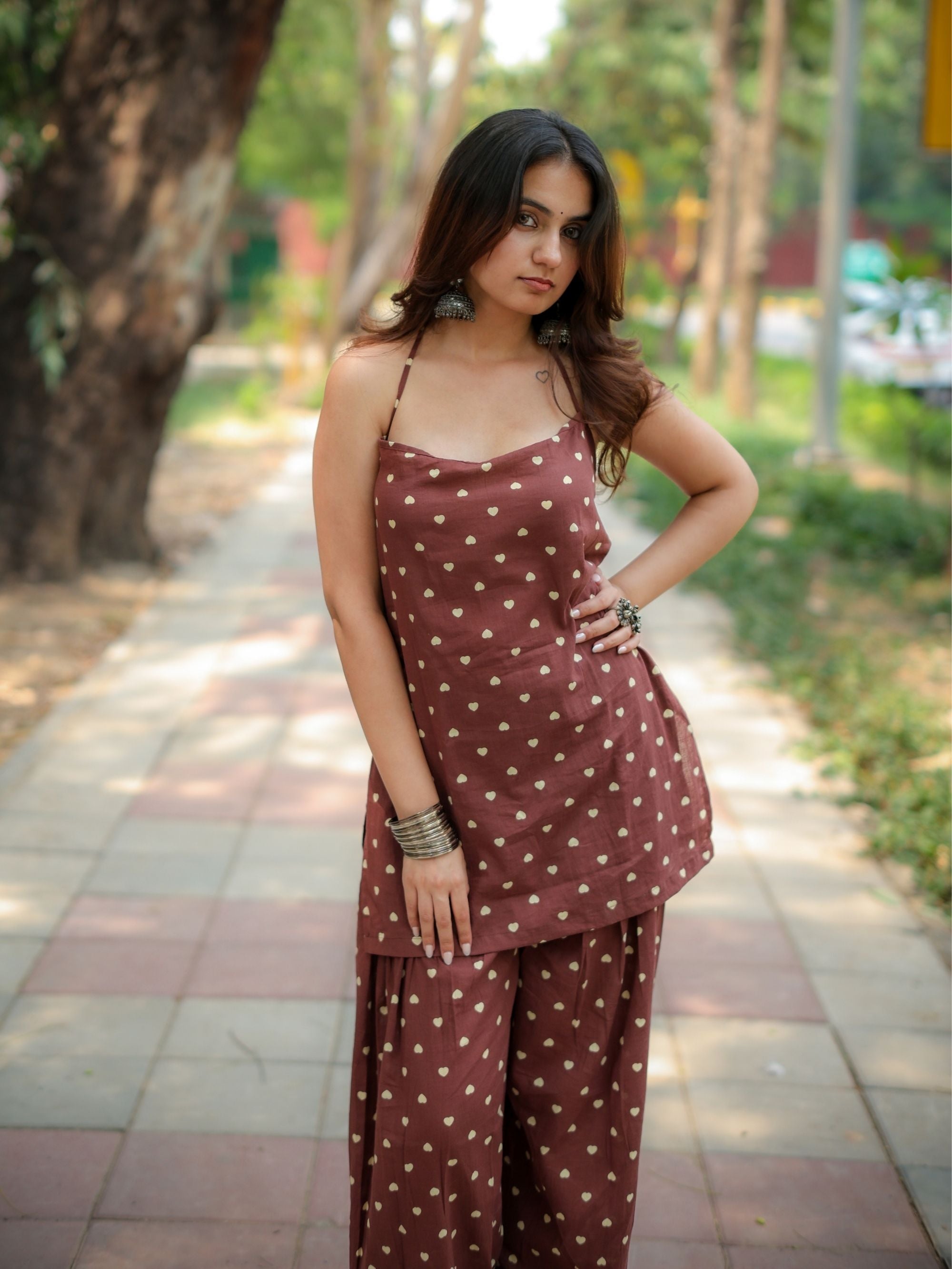 Daisy Dusk Coffee Farshi Salwar Set with Halter Neck Kurta