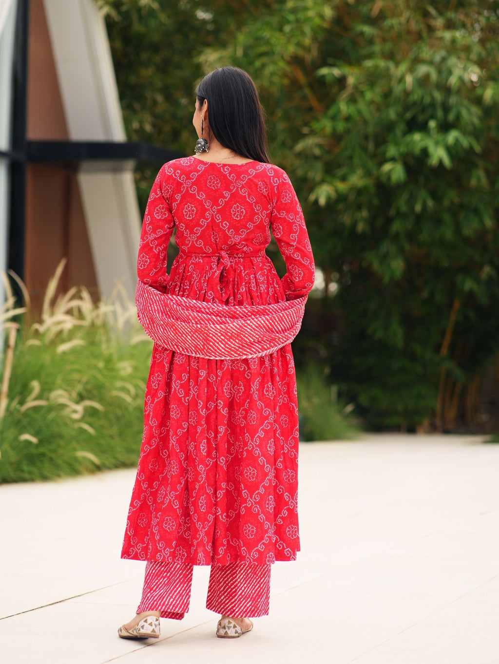 Red Bandhej Cotton Three Piece Anarkali Suit Set for Women