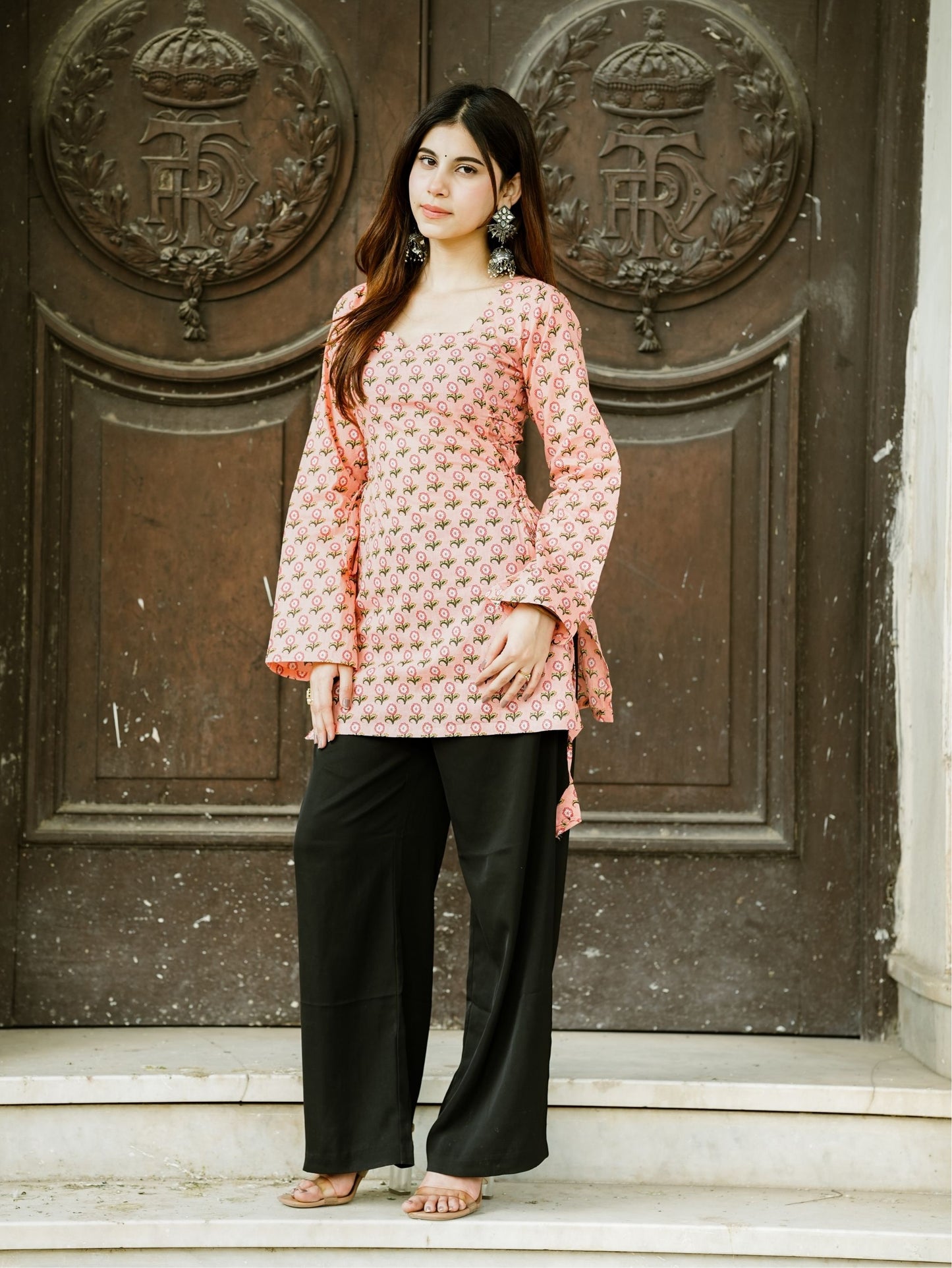 Sitara Pink Printed Short Kurti with Sweetheart Neck