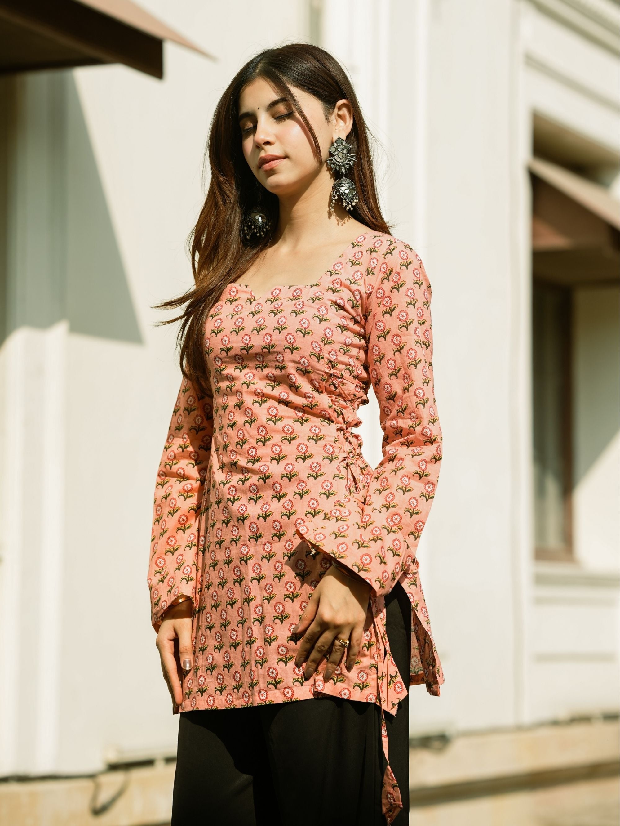 Sitara Pink Printed Short Kurti with Sweetheart Neck