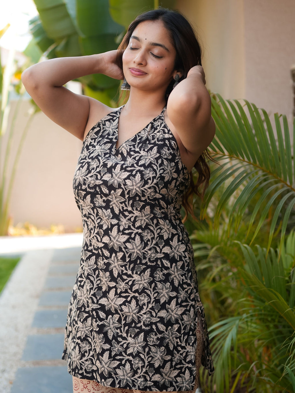 Dark Lily Black Cotton Halter Kurta Set with Palazzo and Dupatta
