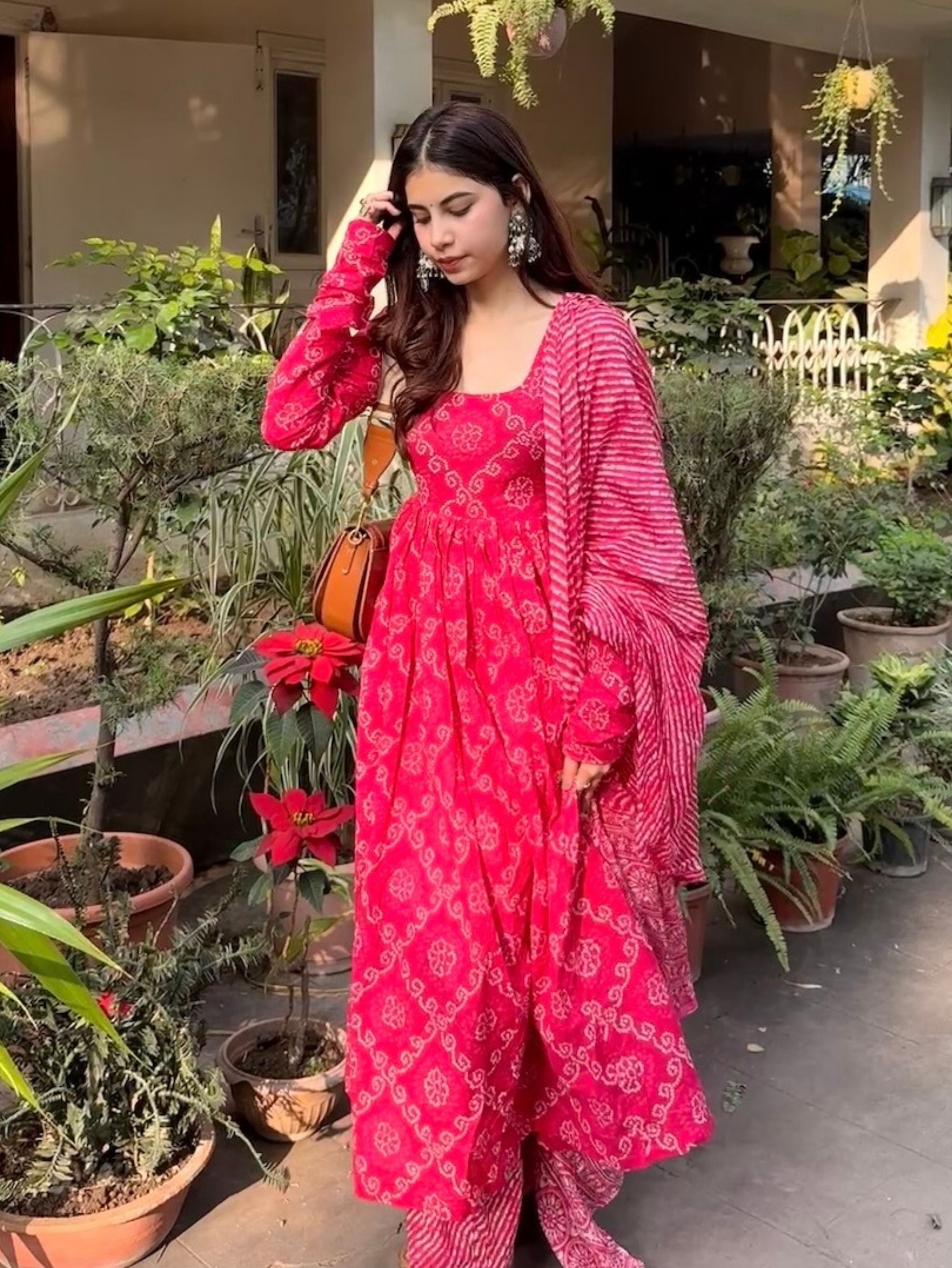 Pink Bandhej Cotton Anarkali 3 Piece Suit Set with Dupatta