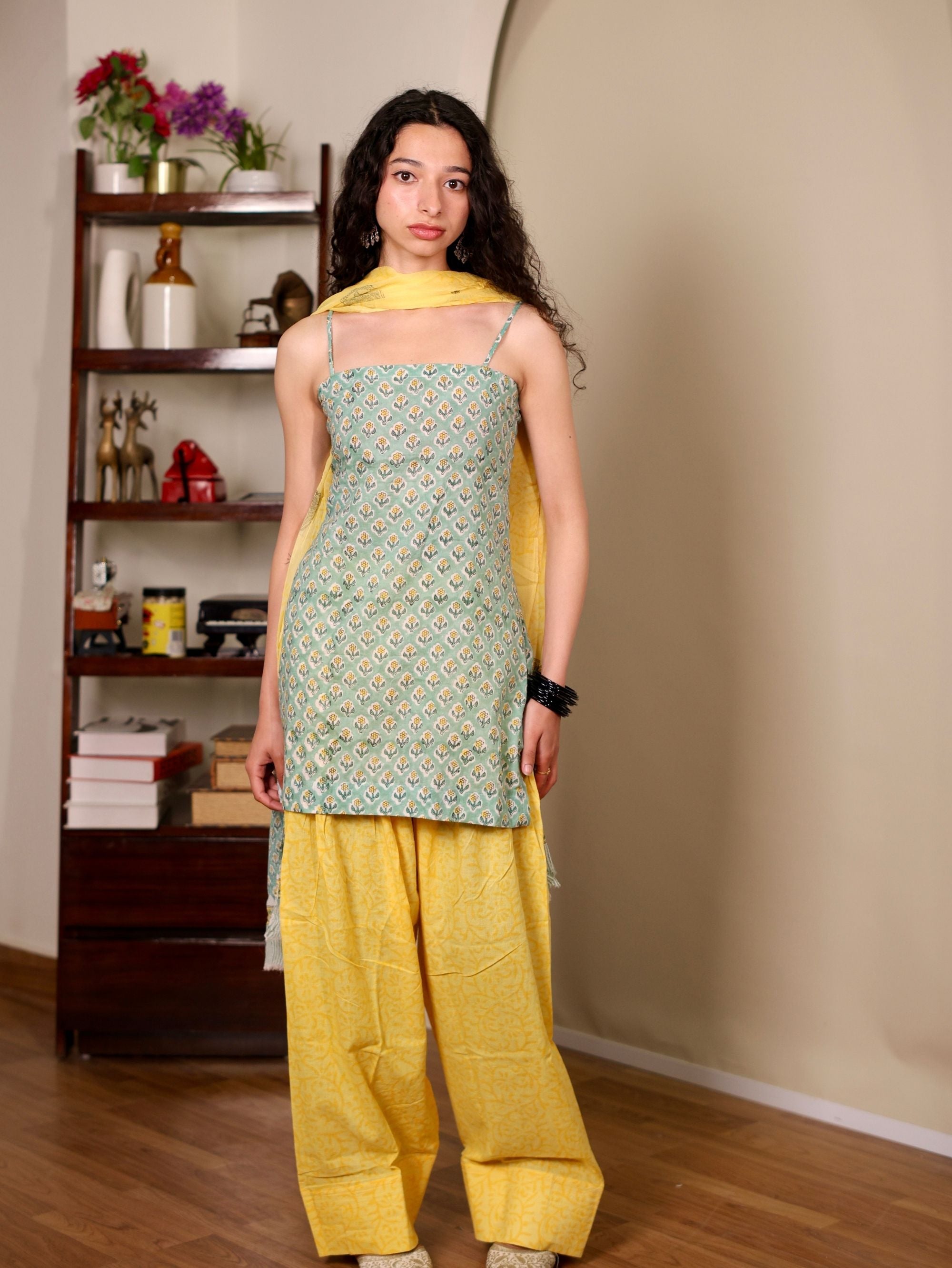 Shakira Sea Green Cotton Suit Set with Farshi Salwar | 3 Piece Suit Set for  Women