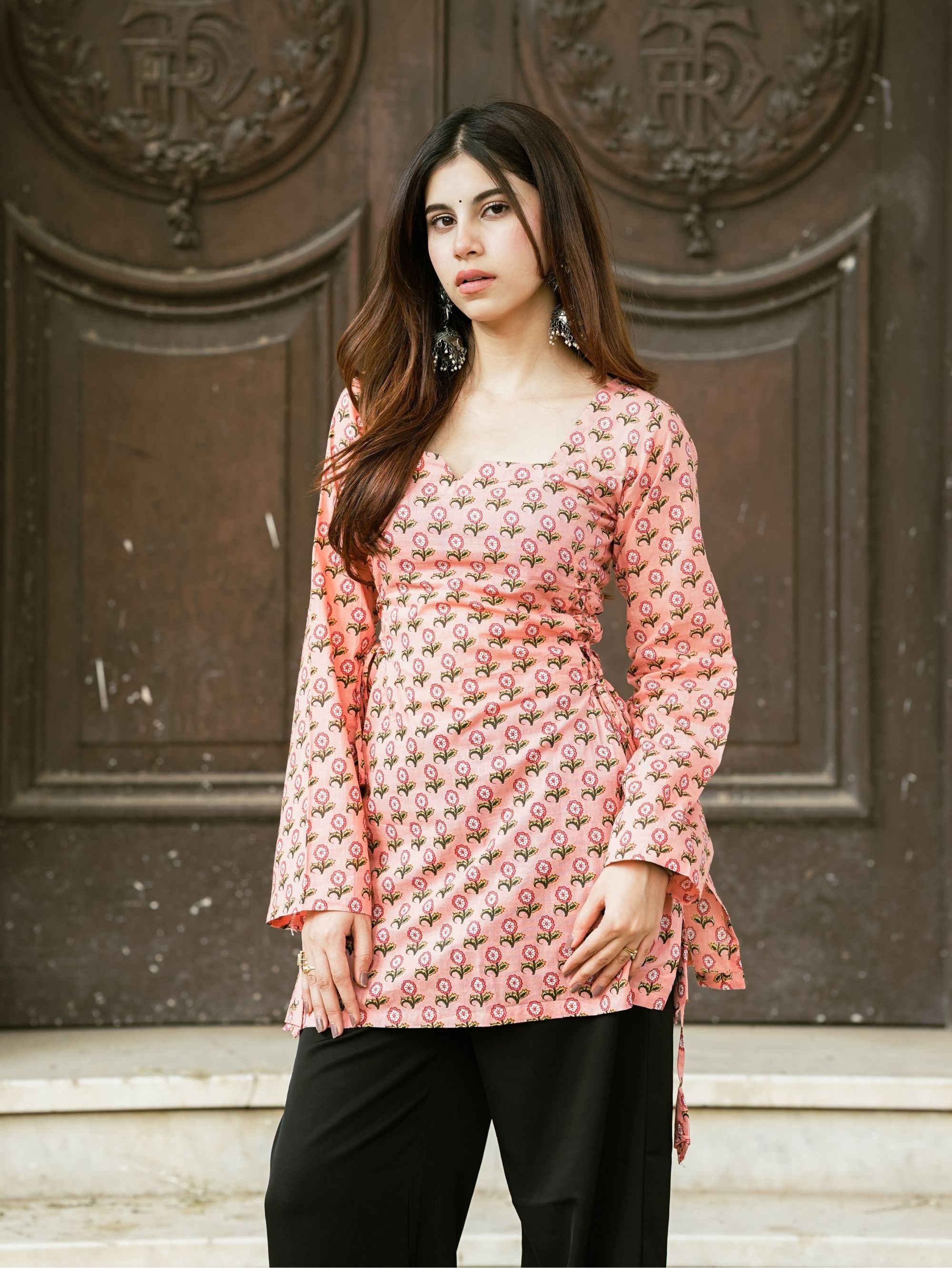 Sitara Pink Printed Short Kurti with Sweetheart Neck