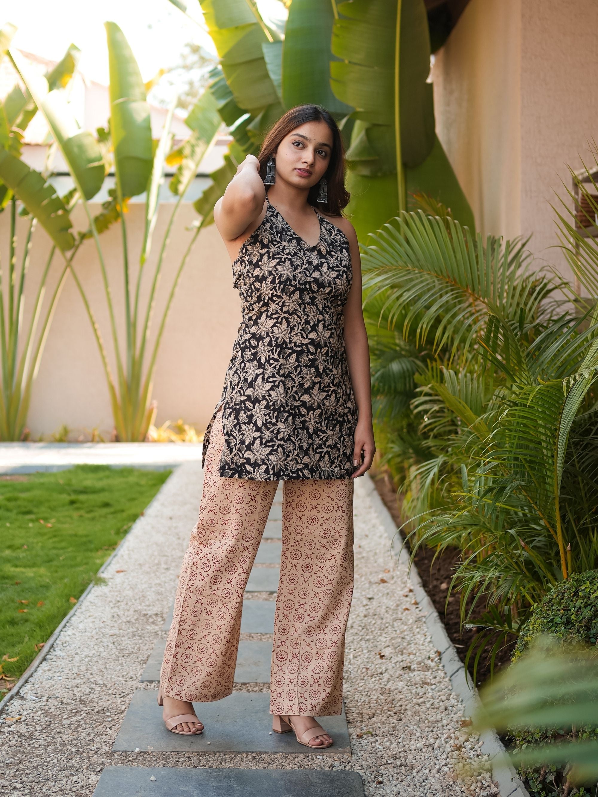 Dark Lily Black Cotton Halter Kurta Set with Palazzo and Dupatta