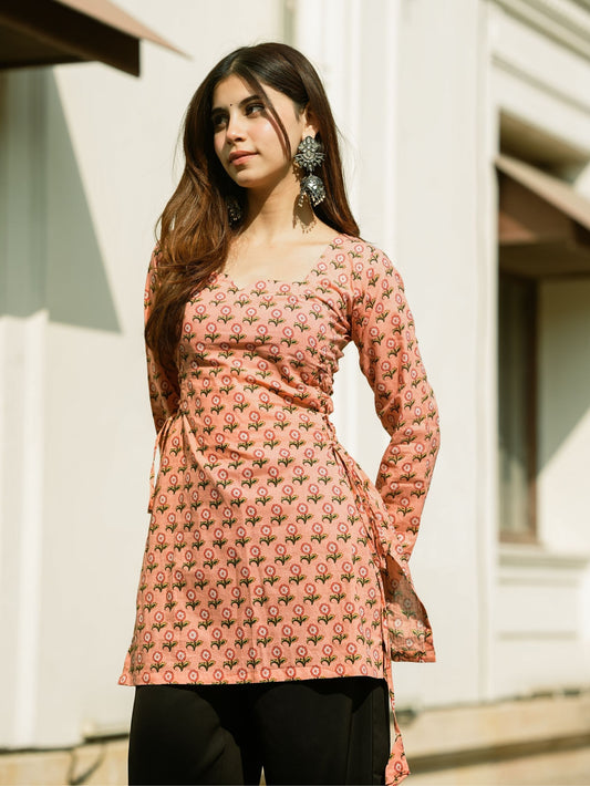 Sitara Pink Printed Short Kurti with Sweetheart Neck