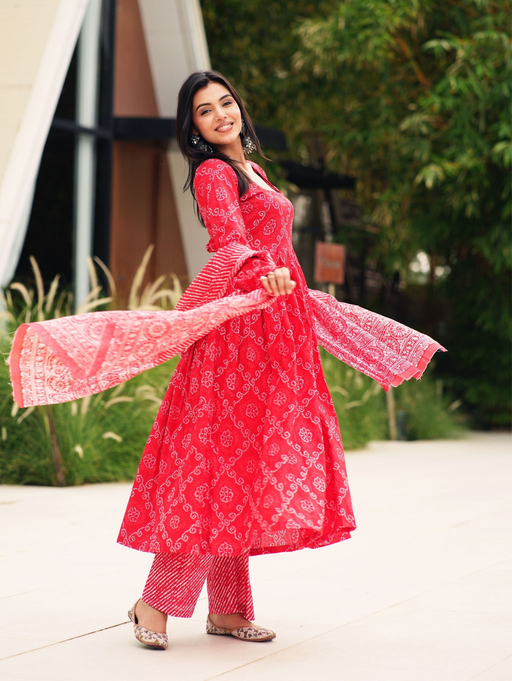 Red Bandhej Cotton Three Piece Anarkali Suit Set for Women