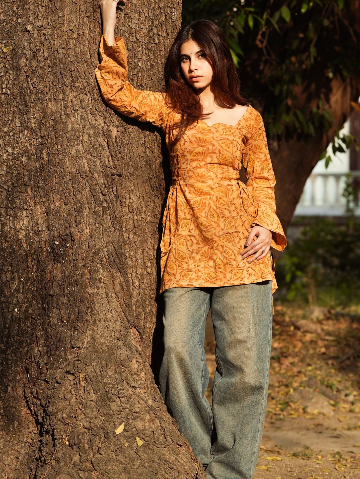 Mayra Mustard Printed Short Kurti with Sweetheart Neck