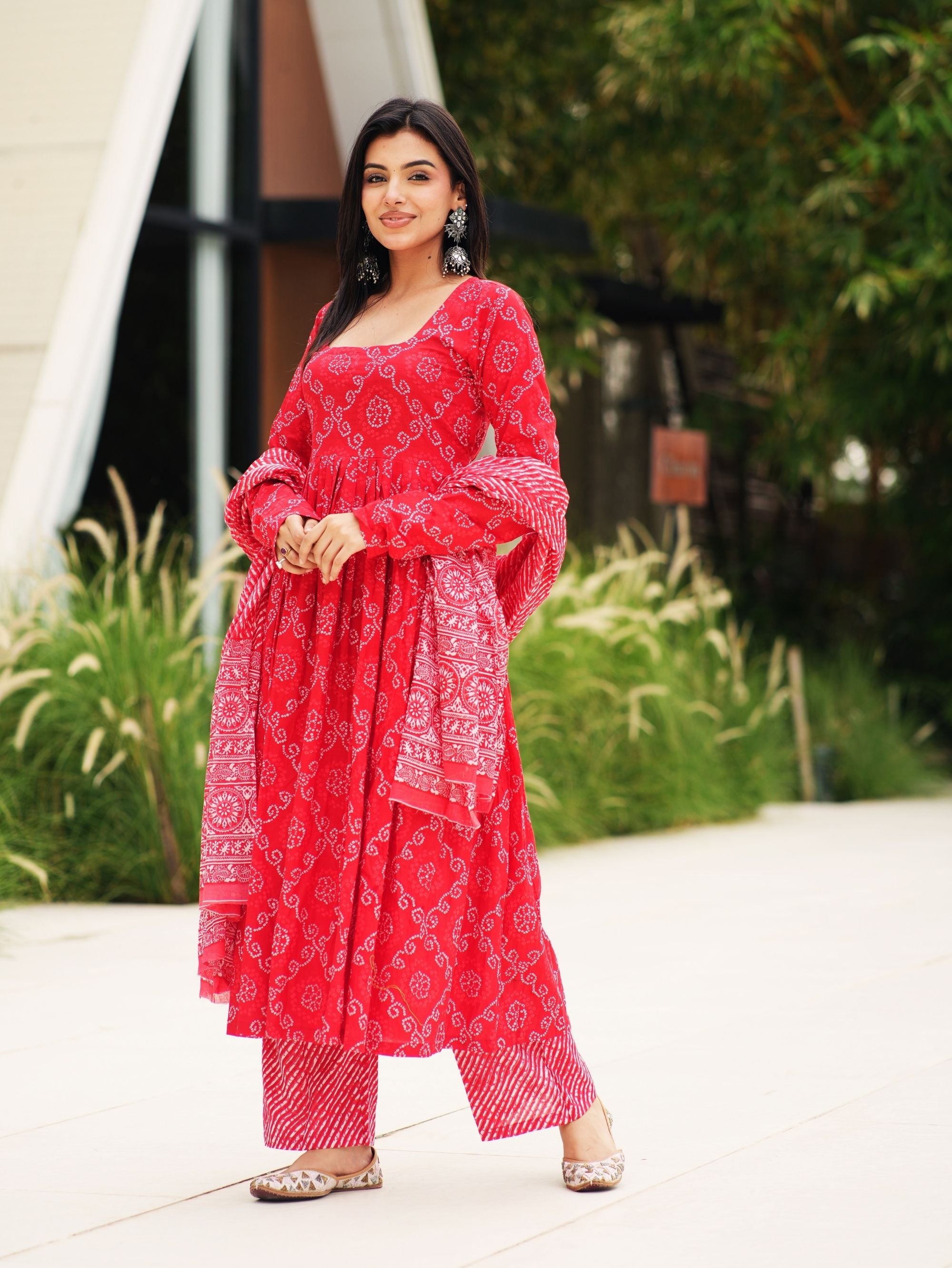 Red Bandhej Cotton Three Piece Anarkali Suit Set for Women