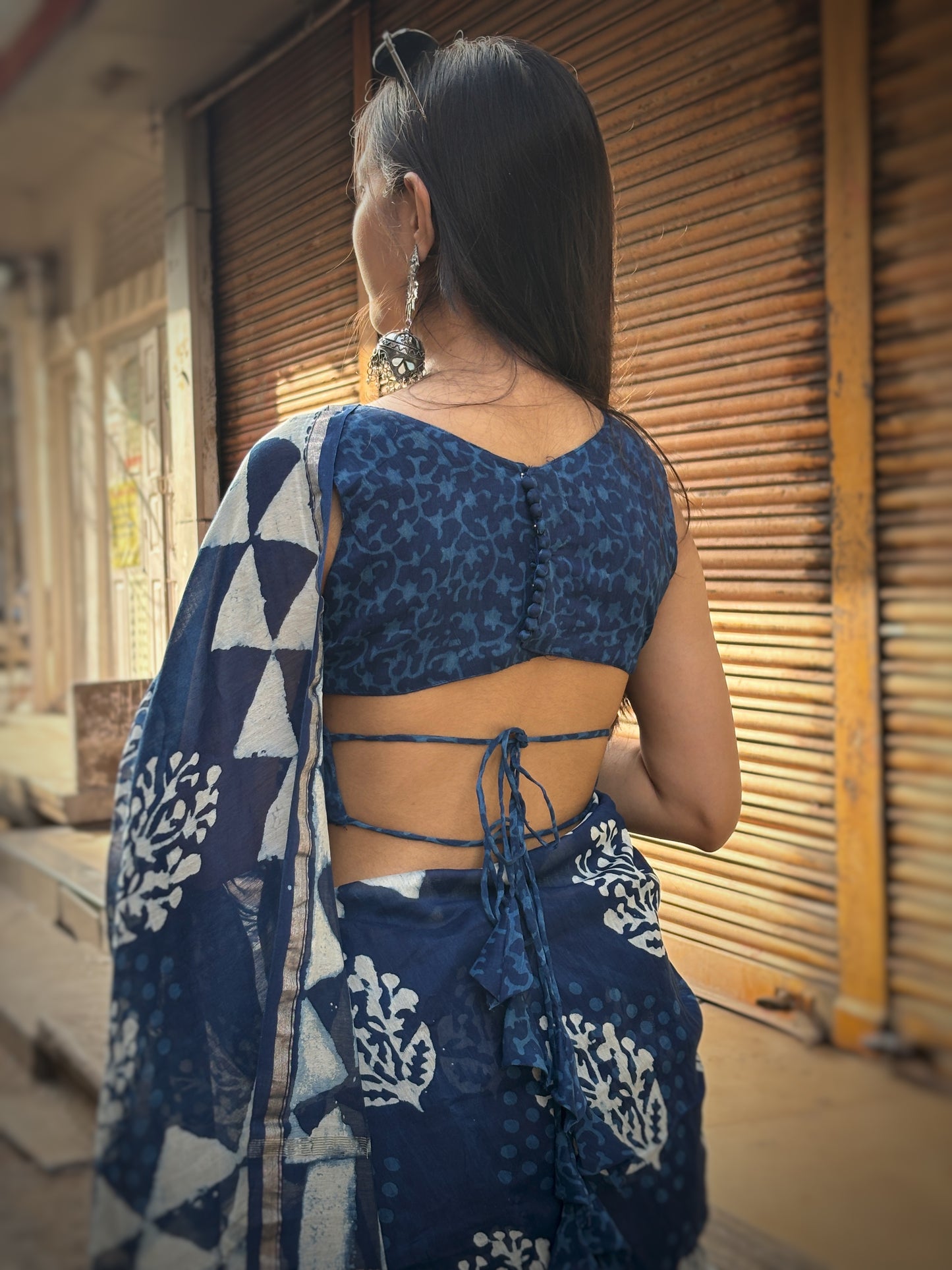 Indigo blue chanderi handblock saree