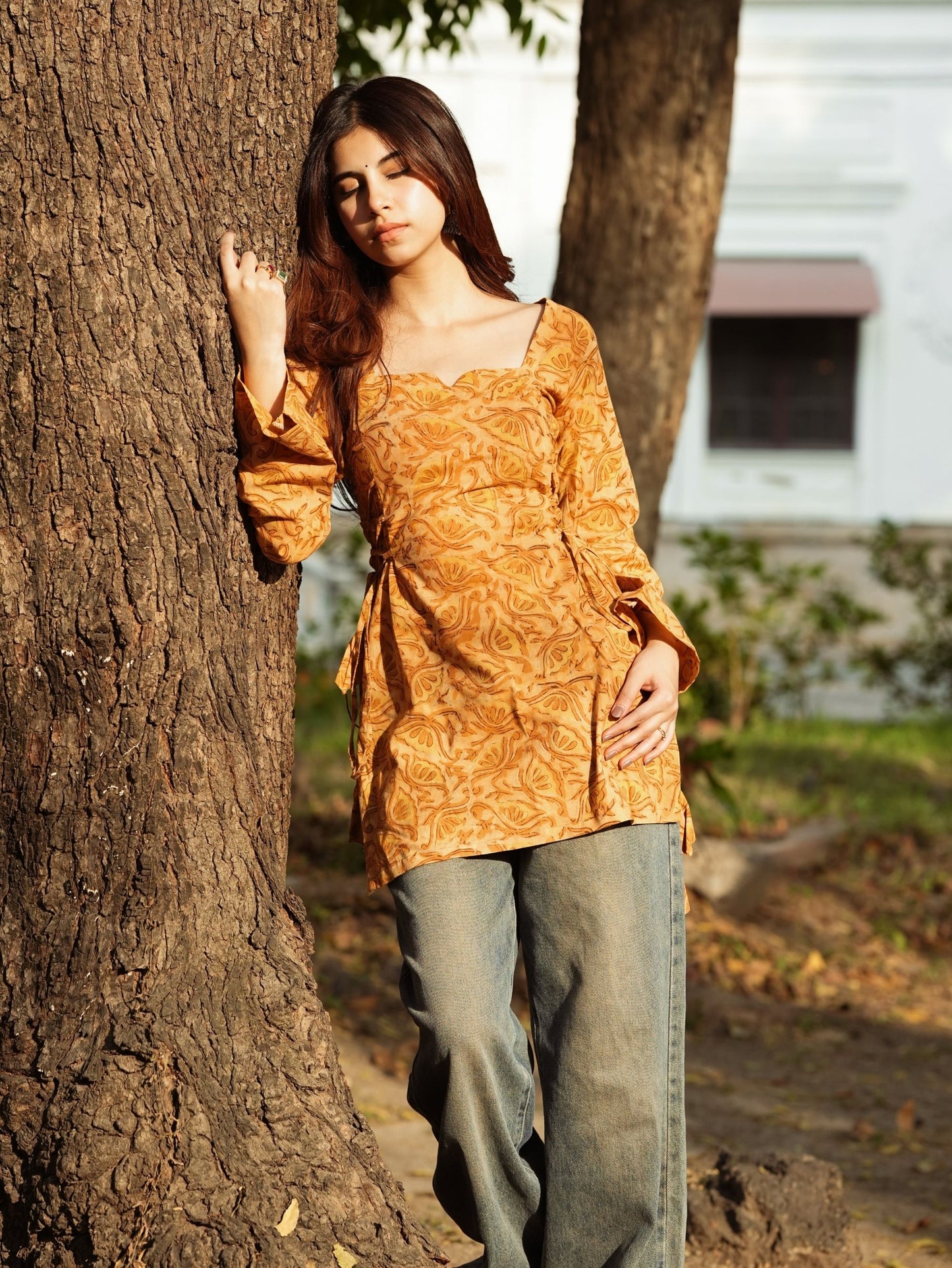 Mayra Mustard Printed Short Kurti with Sweetheart Neck