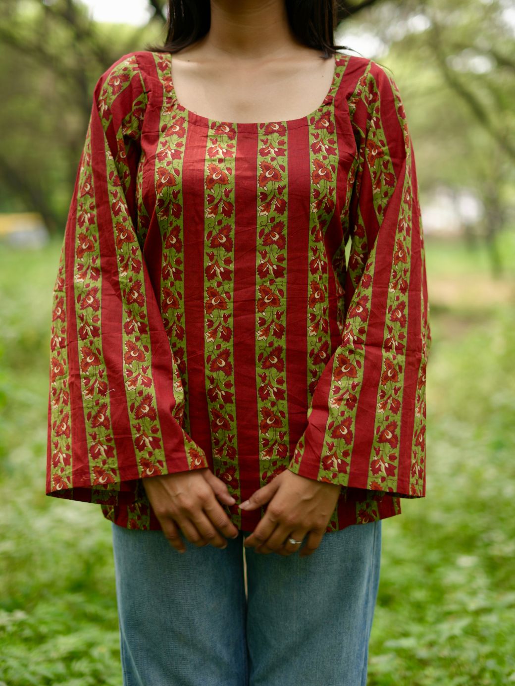 Red Blossom Striped Kurti